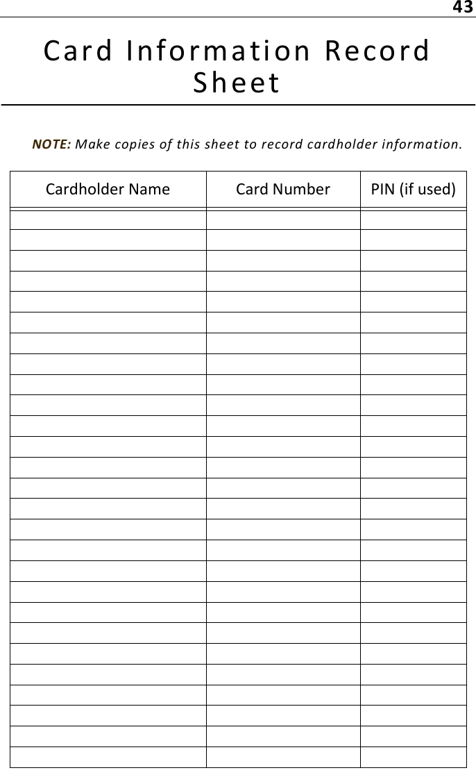 43Card Inform ation Reco rd SheetNOTE: Make copies of this sheet to record cardholder information. Cardholder Name Card Number PIN (if used)