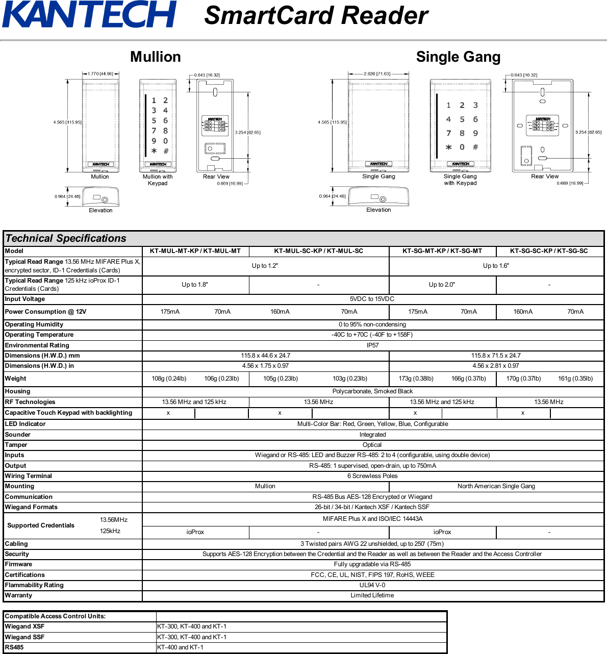 SmartCard ReaderMullion Single GangTechnical SpecificationsModel KT-MUL-MT-KP / KT-MUL-MT KT-MUL-SC-KP / KT-MUL-SC KT-SG-MT-KP / KT-SG-MT KT-SG-SC-KP / KT-SG-SCTypical Read Range 13.56 MHz MIFARE Plus X,encrypted sector, ID-1 Credentials (Cards) Up to 1.2&quot; Up to 1.6&quot;Typical Read Range 125 kHz ioProx ID-1Credentials (Cards) Up to 1.8&quot; - Up to 2.0&quot; -Input Voltage 5VDC to 15VDCPower Consumption @ 12V 175mA 70mA 160mA 70mA 175mA 70mA 160mA 70mAOperating Humidity 0 to 95% non-condensingOperating Temperature -40C to +70C (-40F to +158F)Environmental Rating IP57Dimensions (H.W.D.) mm 115.8 x 44.6 x 24.7 115.8 x 71.5 x 24.7Dimensions (H.W.D.) in 4.56 x 1.75 x 0.97 4.56 x 2.81 x 0.97Weight 108g (0.24lb) 106g (0.23lb) 105g (0.23lb) 103g (0.23lb) 173g (0.38lb) 166g (0.37lb) 170g (0.37lb) 161g (0.35lb)Housing Polycarbonate, Smoked BlackRF Technologies 13.56 MHz and 125 kHz 13.56 MHz 13.56 MHz and 125 kHz 13.56 MHzCapacitive Touch Keypad with backlighting x x x xLED Indicator Multi-Color Bar: Red, Green, Yellow, Blue, ConfigurableSounder IntegratedTamper OpticalInputs Wiegand or RS-485: LED and Buzzer RS-485: 2 to 4 (configurable, using double device)Output RS-485: 1 supervised, open-drain, up to 750mAWiring Terminal 6 Screwless PolesMounting Mullion North American Single GangCommunication RS-485 Bus AES-128 Encrypted or WiegandWiegand Formats 26-bit / 34-bit / Kantech XSF / Kantech SSFSupported Credentials 13.56MHz125kHzMIFARE Plus X and ISO/IEC 14443AioProx - ioProx -Cabling 3 Twisted pairs AWG 22 unshielded, up to 250&apos; (75m)Security Supports AES-128 Encryption between the Credential and the Reader as well as between the Reader and the Access ControllerFirmware Fully upgradable via RS-485Certifications FCC, CE, UL, NIST, FIPS 197, RoHS, WEEEFlammability Rating UL94 V-0Warranty Limited LifetimeCompatible Access Control Units:Wiegand XSF KT-300, KT-400 and KT-1Wiegand SSF KT-300, KT-400 and KT-1RS485 KT-400 and KT-1