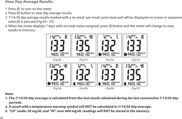 1. Press       to turn on the meter.2. Press      button to view day average results.3. 7/14/30 day average results marked with a no meal/ pre-meal/ post-meal and will be displayed on screen in sequence    when      is pressed (Fig.50~ 57).4. When the meter displays 7 days with no meal status assigned, press      button and the meter will change to view    results in memory.View Day Average Results(Fig.50) (Fig.51) (Fig.52) (Fig.53)(Fig.54) (Fig.55) (Fig.56) (Fig.57)Note:1. The 7/14/30 day average is calculated from the test results obtained during the last consecutive 7/14/30 day      periods.2. A result with a temperature warning symbol will NOT be calculated in 7/14/30 day average.3. “LO” under 20 mg/dL and “HI” over 600 mg/dL readings will NOT be stored in the memory.20