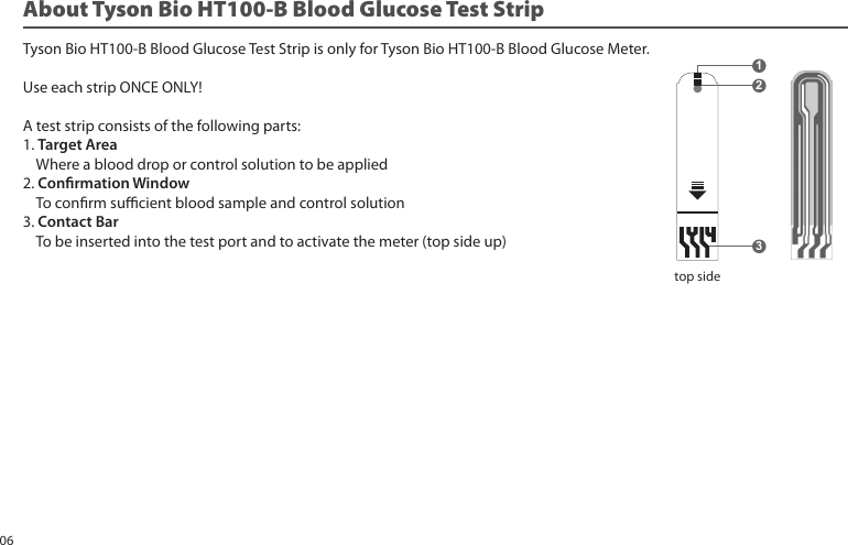 About Tyson Bio HT100-B Blood Glucose Test Strip                      Tyson Bio HT100-B Blood Glucose Test Strip is only for Tyson Bio HT100-B Blood Glucose Meter.Use each strip ONCE ONLY! A test strip consists of the following parts:1. Target Area      Where a blood drop or control solution to be applied2. Conrmation Window    To conrm sucient blood sample and control solution3. Contact Bar    To be inserted into the test port and to activate the meter (top side up)123top side06