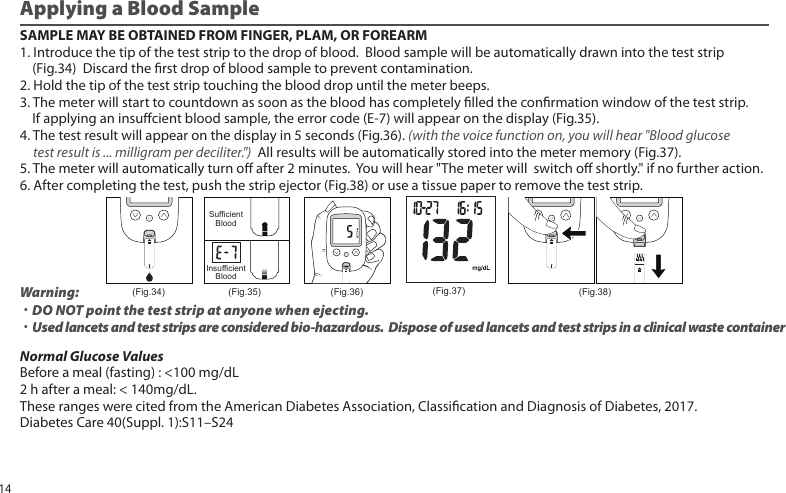 Applying a Blood SampleNormal Glucose ValuesBefore a meal (fasting) : <100 mg/dL2 h after a meal: < 140mg/dL.These ranges were cited from the American Diabetes Association, Classication and Diagnosis of Diabetes, 2017.Diabetes Care 40(Suppl. 1):S11–S24Warning: ˙DO NOT point the test strip at anyone when ejecting.˙Used lancets and test strips are considered bio-hazardous. Dispose of used lancets and test strips in a clinical waste container(Fig.34)SufficientBloodInsufficientBlood(Fig.35) (Fig.36) (Fig.37) (Fig.38)SAMPLE MAY BE OBTAINED FROM FINGER, PLAM, OR FOREARM1. Introduce the tip of the test strip to the drop of blood. Blood sample will be automatically drawn into the test strip (Fig.34) Discard the rst drop of blood sample to prevent contamination.2. Hold the tip of the test strip touching the blood drop until the meter beeps.3. The meter will start to countdown as soon as the blood has completely lled the conrmation window of the test strip. If applying an insucient blood sample, the error code (E-7) will appear on the display (Fig.35).4. The test result will appear on the display in 5 seconds (Fig.36). (with the voice function on, you will hear "Blood glucose test result is ... milligram per deciliter.") All results will be automatically stored into the meter memory (Fig.37).5. The meter will automatically turn o after 2 minutes. You will hear "The meter will switch o shortly." if no further action.6. After completing the test, push the strip ejector (Fig.38) or use a tissue paper to remove the test strip.14
