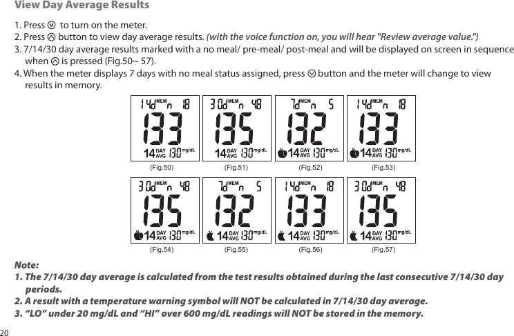 1. Press to turn on the meter.2. Press button to view day average results. (with the voice function on, you will hear "Review average value.")3. 7/14/30 day average results marked with a no meal/ pre-meal/ post-meal and will be displayed on screen in sequence when is pressed (Fig.50~ 57).4. When the meter displays 7 days with no meal status assigned, press button and the meter will change to view results in memory.View Day Average Results(Fig.50) (Fig.51) (Fig.52) (Fig.53)(Fig.54) (Fig.55) (Fig.56) (Fig.57)Note:1. The 7/14/30 day average is calculated from the test results obtained during the last consecutive 7/14/30 day periods.2. A result with a temperature warning symbol will NOT be calculated in 7/14/30 day average.3. “LO” under 20 mg/dL and “HI” over 600 mg/dL readings will NOT be stored in the memory.20