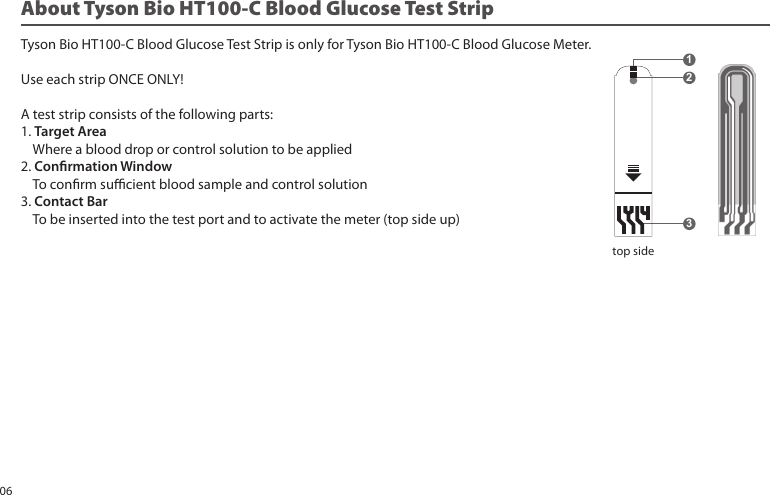 About Tyson Bio HT100-C Blood Glucose Test Strip Tyson Bio HT100-C Blood Glucose Test Strip is only for Tyson Bio HT100-C Blood Glucose Meter.Use each strip ONCE ONLY! A test strip consists of the following parts:1. Target Area Where a blood drop or control solution to be applied2. Conrmation Window To conrm sucient blood sample and control solution3. Contact Bar To be inserted into the test port and to activate the meter (top side up)123top side06