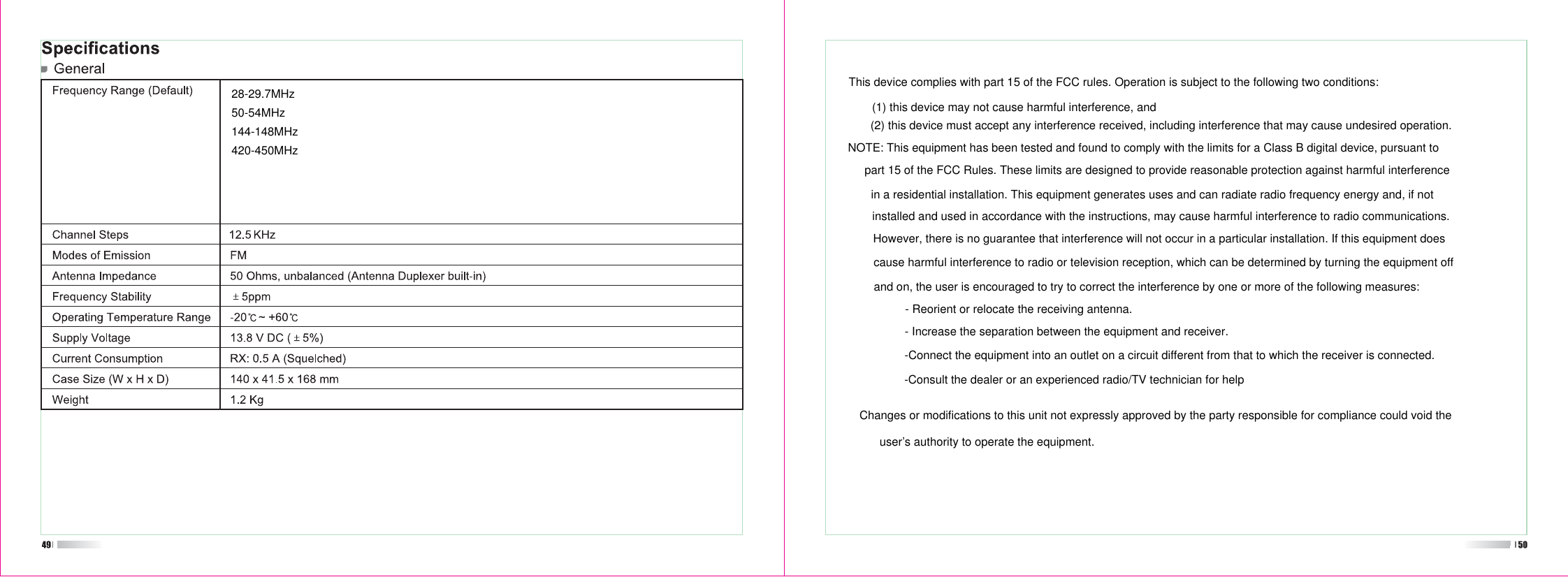 28-29.7MHz50-54MHz144-148MHz420-450MHzThis device complies with part 15 of the FCC rules. Operation is subject to the following two conditions: (1) this device may not cause harmful interference, and (2) this device must accept any interference received, including interference that may cause undesired operation.  NOTE: This equipment has been tested and found to comply with the limits for a Class B digital device, pursuant to part 15 of the FCC Rules. These limits are designed to provide reasonable protection against harmful interference in a residential installation. This equipment generates uses and can radiate radio frequency energy and, if not installed and used in accordance with the instructions, may cause harmful interference to radio communications. However, there is no guarantee that interference will not occur in a particular installation. If this equipment does cause harmful interference to radio or television reception, which can be determined by turning the equipment off and on, the user is encouraged to try to correct the interference by one or more of the following measures:   - Reorient or relocate the receiving antenna. - Increase the separation between the equipment and receiver. -Connect the equipment into an outlet on a circuit different from that to which the receiver is connected. -Consult the dealer or an experienced radio/TV technician for help  Changes or modifications to this unit not expressly approved by the party responsible for compliance could void the user’s authority to operate the equipment. 