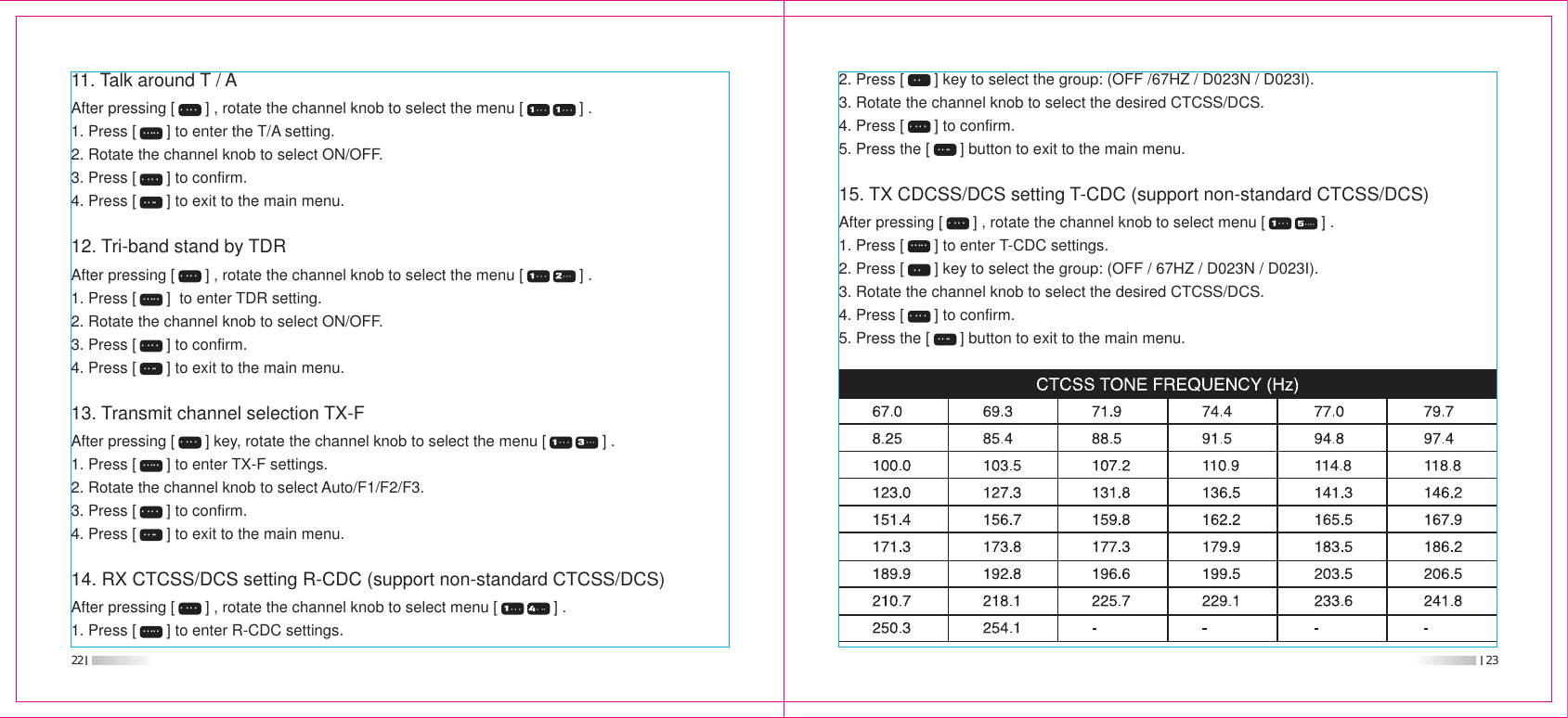 22 2311. Talk around T / AAfter pressing [       ] , rotate the channel knob to select the menu [             ] .1. Press [       ] to enter the T/A setting.2. Rotate the channel knob to select ON/OFF.3. Press [       ] to confirm.4. Press [       ] to exit to the main menu.12. Tri-band stand by TDRAfter pressing [       ] , rotate the channel knob to select the menu [             ] .1. Press [       ]  to enter TDR setting.2. Rotate the channel knob to select ON/OFF.3. Press [       ] to confirm.4. Press [       ] to exit to the main menu.13. Transmit channel selection TX-FAfter pressing [       ] key, rotate the channel knob to select the menu [             ] .1. Press [       ] to enter TX-F settings.2. Rotate the channel knob to select Auto/F1/F2/F3.3. Press [       ] to confirm.4. Press [       ] to exit to the main menu.14. RX CTCSS/DCS setting R-CDC (support non-standard CTCSS/DCS)After pressing [       ] , rotate the channel knob to select menu [             ] .1. Press [       ] to enter R-CDC settings. 2. Press [       ] key to select the group: (OFF /67HZ / D023N / D023I).3. Rotate the channel knob to select the desired CTCSS/DCS.4. Press [       ] to confirm.5. Press the [       ] button to exit to the main menu.15. TX CDCSS/DCS setting T-CDC (support non-standard CTCSS/DCS)After pressing [       ] , rotate the channel knob to select menu [             ] .1. Press [       ] to enter T-CDC settings.2. Press [       ] key to select the group: (OFF / 67HZ / D023N / D023I).3. Rotate the channel knob to select the desired CTCSS/DCS.4. Press [       ] to confirm.5. Press the [       ] button to exit to the main menu.