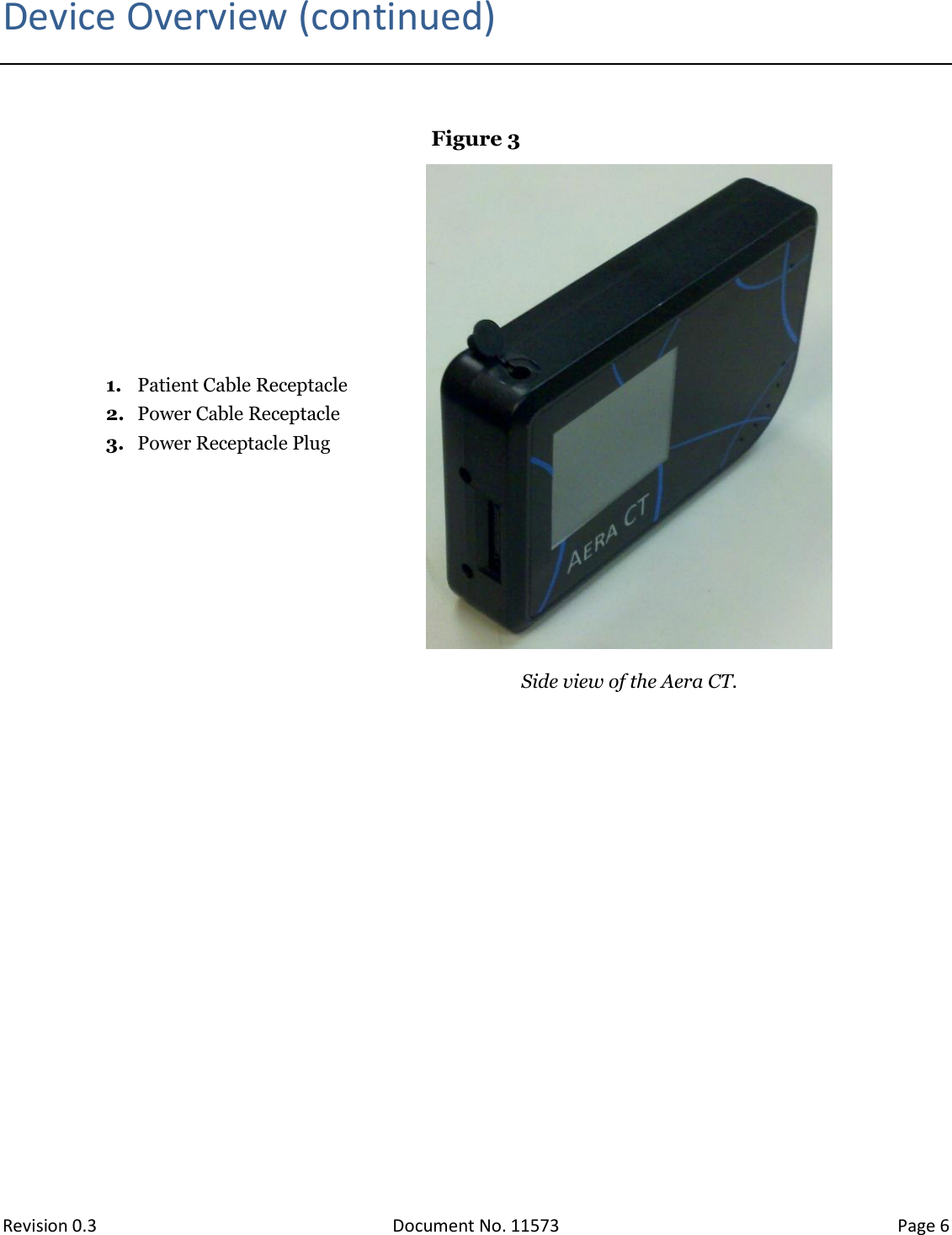  Revision 0.3 Document No. 11573 Page 6  Device Overview (continued)  Figure 3 1. Patient Cable Receptacle 2. Power Cable Receptacle 3. Power Receptacle Plug    Side view of the Aera CT.     