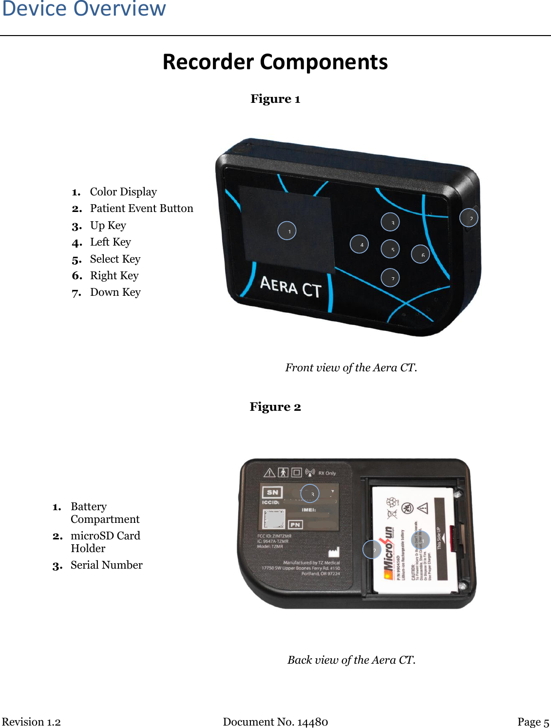 Revision 1.2 Document No. 14480 Page 5  Device Overview Recorder Components Figure 1 1. Color Display 2. Patient Event Button 3. Up Key 4. Left Key 5. Select Key 6. Right Key 7. Down Key    Front view of the Aera CT.  Figure 2 1. Battery Compartment 2. microSD Card Holder 3. Serial Number    Back view of the Aera CT.  1 2 3 4 5 6 7 1 2 3 