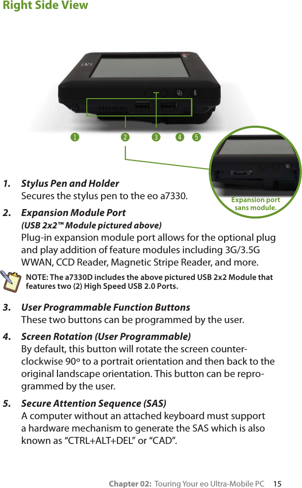 Chapter 02:  Touring Your eo Ultra-Mobile PC     15Right Side View1.  Stylus Pen and Holder Secures the stylus pen to the eo a7330.2.  Expansion Module Port (USB 2x2™ Module pictured above)Plug-in expansion module port allows for the optional plug and play addition of feature modules including 3G/3.5G WWAN, CCD Reader, Magnetic Stripe Reader, and more.NOTE: The a7330D includes the above pictured USB 2x2 Module that features two (2) High Speed USB 2.0 Ports.3.  User Programmable Function ButtonsThese two buttons can be programmed by the user.4.  Screen Rotation (User Programmable)By default, this button will rotate the screen counter-clockwise 90º to a portrait orientation and then back to the original landscape orientation. This button can be repro-grammed by the user.5.  Secure Attention Sequence (SAS) A computer without an attached keyboard must support a hardware mechanism to generate the SAS which is also known as “CTRL+ALT+DEL” or “CAD”.!@#$%Expansion port sans module.