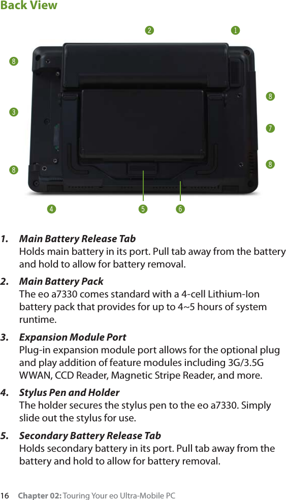 16     Chapter 02: Touring Your eo Ultra-Mobile PCBack View1.  Main Battery Release Tab Holds main battery in its port. Pull tab away from the battery and hold to allow for battery removal.2.  Main Battery Pack The eo a7330 comes standard with a 4-cell Lithium-Ion battery pack that provides for up to 4~5 hours of system runtime.3.  Expansion Module Port Plug-in expansion module port allows for the optional plug and play addition of feature modules including 3G/3.5G WWAN, CCD Reader, Magnetic Stripe Reader, and more.4.  Stylus Pen and Holder The holder secures the stylus pen to the eo a7330. Simply slide out the stylus for use.5.  Secondary Battery Release Tab Holds secondary battery in its port. Pull tab away from the battery and hold to allow for battery removal.!@#$***%^*&amp;