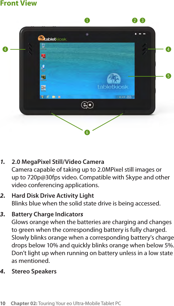 10     Chapter 02: Touring Your eo Ultra-Mobile Tablet PCFront View1.  2.0 MegaPixel Still/Video Camera Camera capable of taking up to 2.0MPixel still images or up to 720p@30fps video. Compatible with Skype and other video conferencing applications.2.  Hard Disk Drive Activity Light Blinks blue when the solid state drive is being accessed.3.  Battery Charge Indicators Glows orange when the batteries are charging and changes to green when the corresponding battery is fully charged. Slowly blinks orange when a corresponding battery&apos;s charge drops below 10% and quickly blinks orange when below 5%. Don’t light up when running on battery unless in a low state as mentioned.4.  Stereo Speakers! @^#%$$