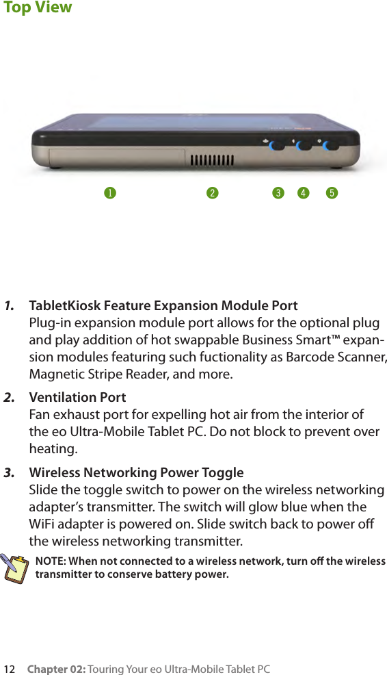 12     Chapter 02: Touring Your eo Ultra-Mobile Tablet PCTop View1.  TabletKiosk Feature Expansion Module Port Plug-in expansion module port allows for the optional plug and play addition of hot swappable Business Smart™ expan-sion modules featuring such fuctionality as Barcode Scanner, Magnetic Stripe Reader, and more.2.  Ventilation Port Fan exhaust port for expelling hot air from the interior of the eo Ultra-Mobile Tablet PC. Do not block to prevent over heating.3.  Wireless Networking Power Toggle Slide the toggle switch to power on the wireless networking adapter’s transmitter. The switch will glow blue when the WiFi adapter is powered on. Slide switch back to power o the wireless networking transmitter.NOTE: When not connected to a wireless network, turn o the wireless transmitter to conserve battery power.! @ # $ %