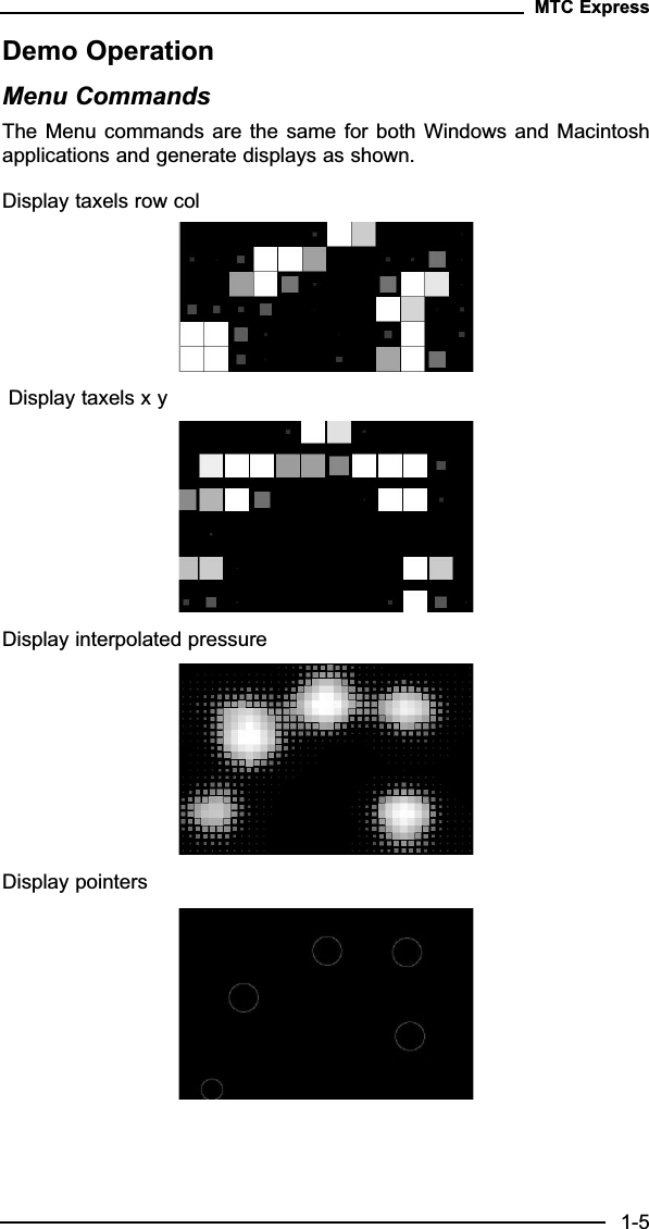 Demo OperationMenu CommandsThe Menu commands are  the same for both  Windows and Macintoshapplications and generate displays as shown.Display taxels row colDisplay taxels x yDisplay interpolated pressureDisplay pointers MTC Express1-5