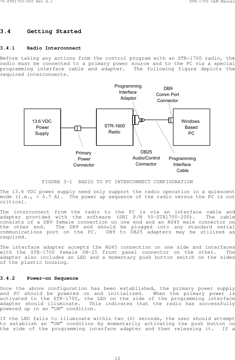 70-STR1700-000 Rev A.1  STR-1700 O&amp;M Manual  10   3.4  Getting Started   3.4.1  Radio Interconnect   Before taking any actions from the control program with an STR-1700 radio, the radio must be connected to a primary power source and to the PC via a special programming interface cable and adapter.  The following figure depicts the required interconnects.  13.6 VDCPowerSupplySTR-1600RadioPrimaryPowerConnectorDB25Audio/ControlConnectorProgrammingInterfaceAdaptorWindows BasedPCProgrammingInterfaceCableDB9Comm PortConnector FIGURE 3-1  RADIO TO PC INTERCONNECT CONFIGURATION  The 13.6 VDC power supply need only support the radio operation in a quiescent mode (i.e., < 0.7 A).  The power up sequence of the radio versus the PC is not critical.  The interconnect from the radio to the PC is via an interface cable and adapter provided with the software (SRI P/N 50-STR1700-200).  The cable consists of a DB9 female connection on one end and an RG45 male connector on the other end.  The DB9 end should be plugged into any standard serial communications port on the PC.  DB9 to DB25 adapters may be utilized as required.    The interface adapter accepts the RG45 connection on one side and interfaces with the STR-1700 female DB-25 front panel connector on the other.  The adapter also includes an LED and a momentary push button switch on the sides of the plastic housing.   3.4.2  Power-on Sequence   Once the above configuration has been established, the primary power supply and PC should be powered on and initialized.  When the primary power is activated to the STR-1700, the LED on the side of the programming interface adapter should illuminate.  This indicates that the radio has successfully powered up in an &ldquo;ON&rdquo; condition.  If the LED fails to illuminate within two (2) seconds, the user should attempt to establish an &ldquo;ON&rdquo; condition by momentarily activating the push button on the side of the programming interface adapter and then releasing it.  If a 