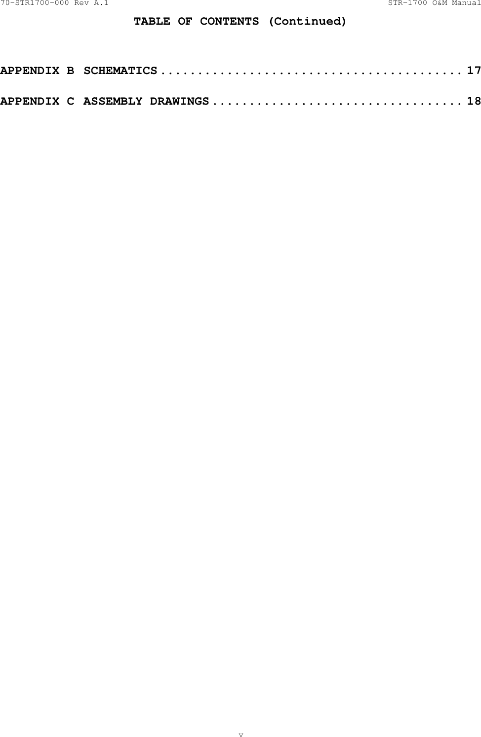 70-STR1700-000 Rev A.1  STR-1700 O&amp;M Manual  TABLE OF CONTENTS (Continued)     v  APPENDIX B  SCHEMATICS ......................................... 17 APPENDIX C  ASSEMBLY DRAWINGS .................................. 18 