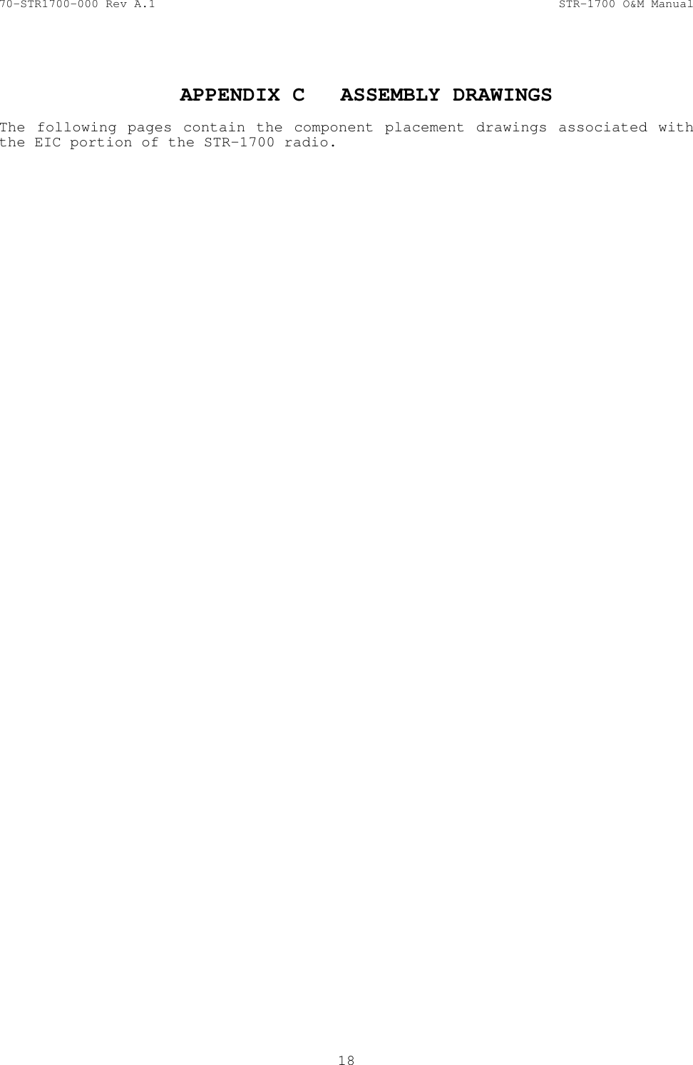 70-STR1700-000 Rev A.1  STR-1700 O&amp;M Manual  18   APPENDIX C  ASSEMBLY DRAWINGS    The following pages contain the component placement drawings associated with the EIC portion of the STR-1700 radio.  