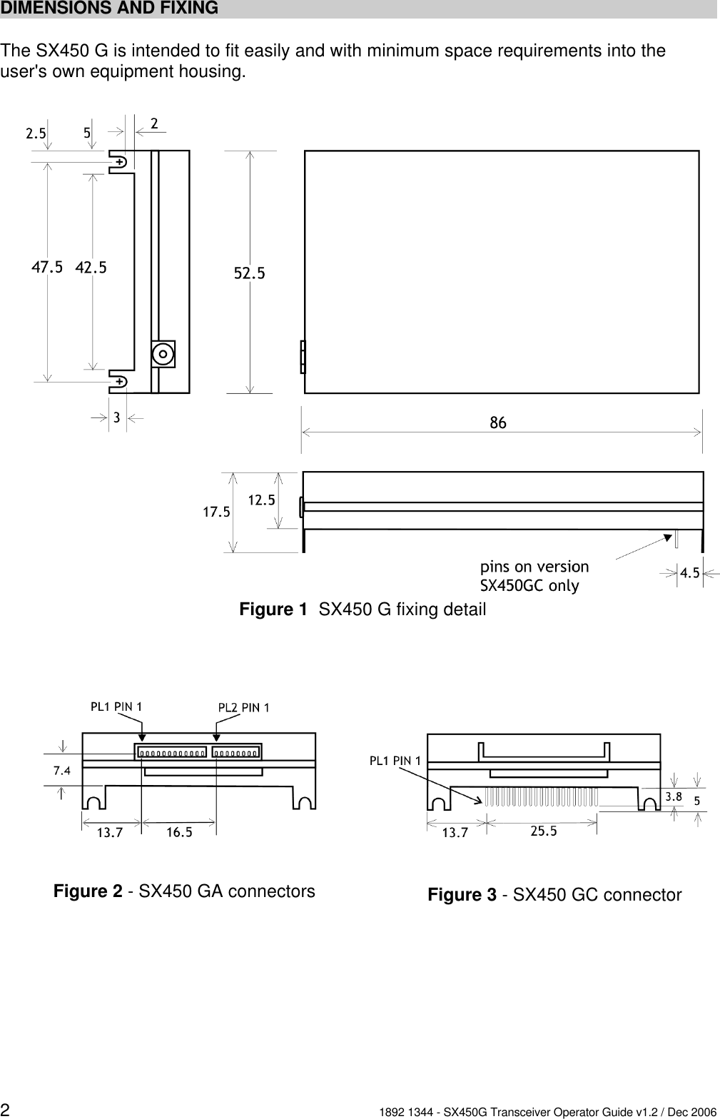 21892 1344 - SX450G Transceiver Operator Guide v1.2 / Dec 2006Figure 1  SX450 G fixing detailDIMENSIONS AND FIXINGThe SX450 G is intended to fit easily and with minimum space requirements into theuser's own equipment housing.Figure 2 - SX450 GA connectors Figure 3 - SX450 GC connector