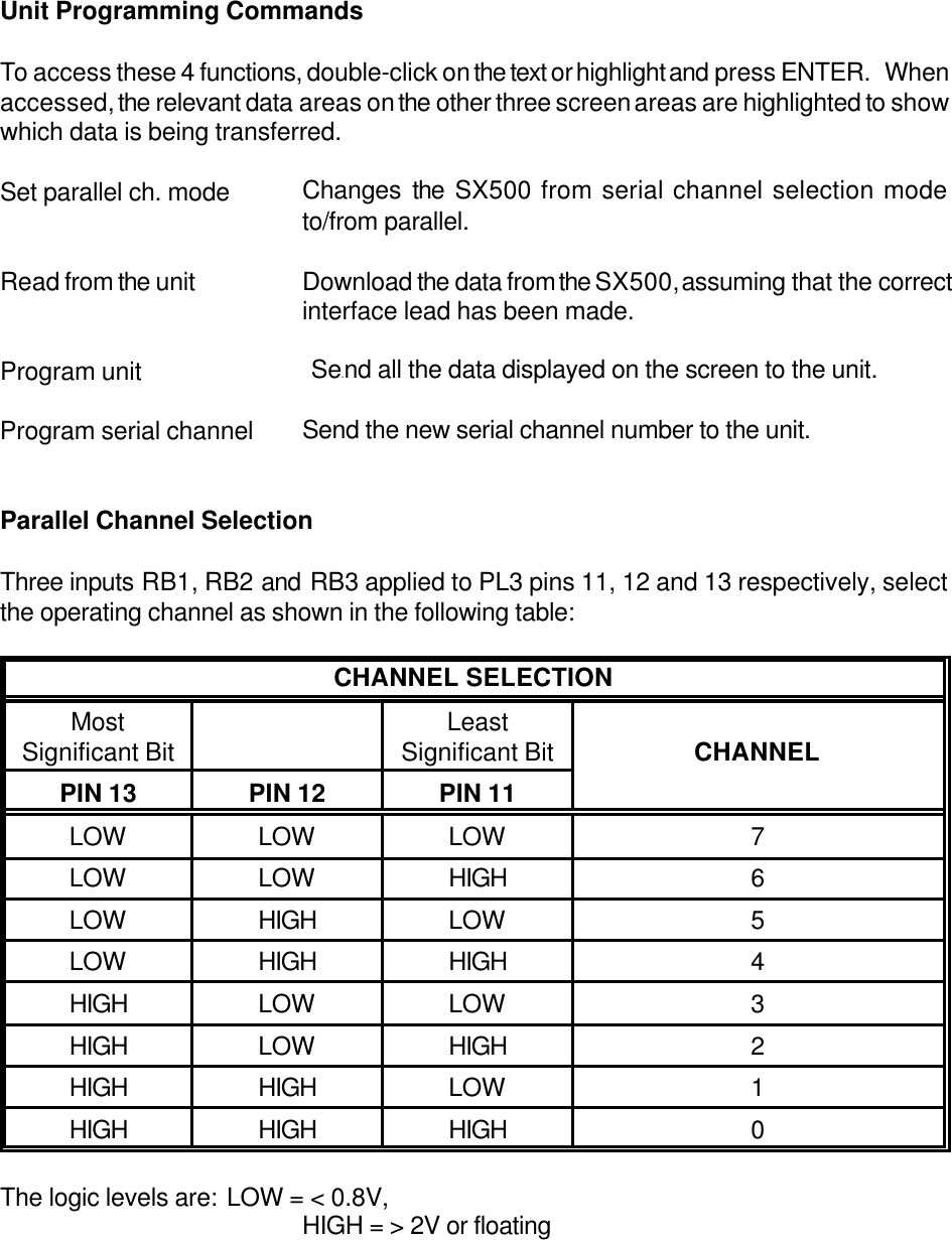 Unit Programming CommandsTo access these 4 functions, double-click on the text or highlight and press ENTER.   Whenaccessed, the relevant data areas on the other three screen areas are highlighted to showwhich data is being transferred.Set parallel ch. mode Changes the SX500 from serial channel selection modeto/from parallel.Read from the unit Download the data from the SX500, assuming that the correctinterface lead has been made.Program unit                           SeSend all the data displayed on the screen to the unit.Program serial channel Send the new serial channel number to the unit.Parallel Channel SelectionThree inputs RB1, RB2 and RB3 applied to PL3 pins 11, 12 and 13 respectively, selectthe operating channel as shown in the following table:CHANNEL SELECTION MostSignificant Bit LeastSignificant Bit CHANNELPIN 13 PIN 12 PIN 11LOW LOW LOW 7LOW LOW HIGH 6LOW HIGH LOW 5LOW HIGH HIGH 4HIGH LOW LOW 3HIGH LOW HIGH 2HIGH HIGH LOW 1HIGH HIGH HIGH 0The logic levels are: LOW = < 0.8V, HIGH = > 2V or floating