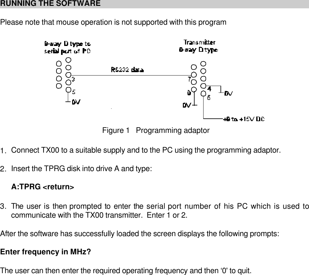 Figure 1   Programming adaptorRUNNING THE SOFTWAREPlease note that mouse operation is not supported with this program1. Connect TX00 to a suitable supply and to the PC using the programming adaptor.2. Insert the TPRG disk into drive A and type:A:TPRG <return>3. The user is then prompted to enter the serial port number of his PC which is used tocommunicate with the TX00 transmitter.  Enter 1 or 2.After the software has successfully loaded the screen displays the following prompts:Enter frequency in MHz?The user can then enter the required operating frequency and then &lsquo;0' to quit.