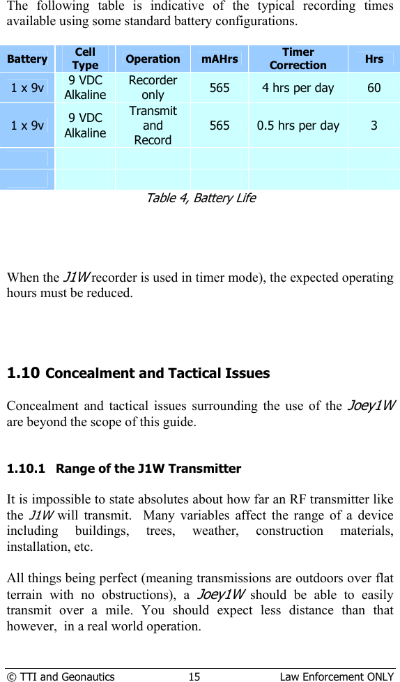  © TTI and Geonautics  15  Law Enforcement ONLY   The following table is indicative of the typical recording times available using some standard battery configurations.  Battery Cell Type Operation mAHrs Timer Correction Hrs 1 x 9v  9 VDC Alkaline Recorder only  565  4 hrs per day  60 1 x 9v  9 VDC Alkaline Transmit and Record 565  0.5 hrs per day  3                       Table 4, Battery Life     When the J1W recorder is used in timer mode), the expected operating hours must be reduced.      1.10 Concealment and Tactical Issues  Concealment and tactical issues surrounding the use of the Joey1W are beyond the scope of this guide.   1.10.1 Range of the J1W Transmitter  It is impossible to state absolutes about how far an RF transmitter like the J1W will transmit.  Many variables affect the range of a device including buildings, trees, weather, construction materials, installation, etc.  All things being perfect (meaning transmissions are outdoors over flat terrain with no obstructions), a Joey1W should be able to easily transmit over a mile. You should expect less distance than that however,  in a real world operation.    