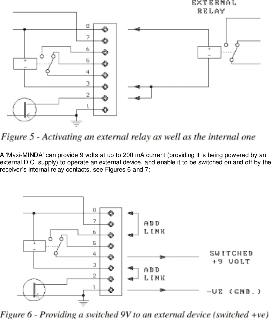 A ‘Maxi-MINDA’ can provide 9 volts at up to 200 mA current (providing it is being powered by anexternal D.C. supply) to operate an external device, and enable it to be switched on and off by thereceiver’s internal relay contacts, see Figures 6 and 7: