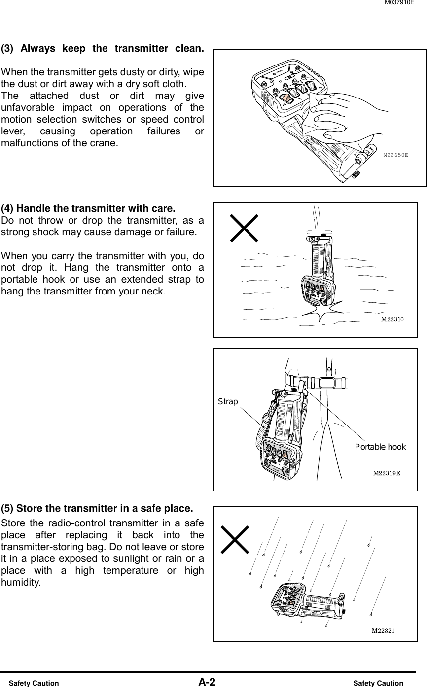 M037910E  Safety Caution                                    A-2                         Safety Caution (3) Always keep the transmitter clean.  When the transmitter gets dusty or dirty, wipe the dust or dirt away with a dry soft cloth.   The attached dust or dirt may give unfavorable impact on operations of the motion selection switches or speed control lever, causing operation failures or malfunctions of the crane.     (4) Handle the transmitter with care. Do not throw or drop the transmitter, as a strong shock may cause damage or failure.    When you carry the transmitter with you, do not drop it. Hang the transmitter onto a portable hook or use an extended strap to hang the transmitter from your neck.         (5) Store the transmitter in a safe place. Store the radio-control transmitter in a safe place after replacing it back into the transmitter-storing bag. Do not leave or store it in a place exposed to sunlight or rain or a place with a high temperature or high humidity. M22650E