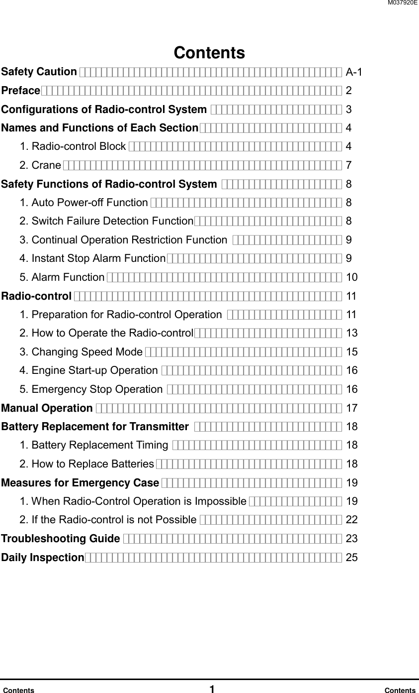 M037920E  Contents        1                               Contents Contents Safety Caution ････････････････････････････････････････････････ A-1 Preface･･･････････････････････････････････････････････････････ 2 Configurations of Radio-control System ････････････････････････ 3 Names and Functions of Each Section･･････････････････････････ 4  1. Radio-control Block ･･･････････････････････････････････････ 4  2. Crane ･･･････････････････････････････････････････････････ 7 Safety Functions of Radio-control System ･･････････････････････ 8   1. Auto Power-off Function ･･･････････････････････････････････ 8   2. Switch Failure Detection Function･･･････････････････････････ 8   3. Continual Operation Restriction Function ････････････････････ 9   4. Instant Stop Alarm Function････････････････････････････････ 9   5. Alarm Function ･･･････････････････････････････････････････ 10 Radio-control ･････････････････････････････････････････････････ 11   1. Preparation for Radio-control Operation ･････････････････････ 11   2. How to Operate the Radio-control･･･････････････････････････ 13   3. Changing Speed Mode ････････････････････････････････････ 15   4. Engine Start-up Operation ･････････････････････････････････ 16   5. Emergency Stop Operation ････････････････････････････････ 16 Manual Operation ･････････････････････････････････････････････ 17 Battery Replacement for Transmitter ･･･････････････････････････ 18   1. Battery Replacement Timing ･･･････････････････････････････ 18   2. How to Replace Batteries･･････････････････････････････････ 18 Measures for Emergency Case･････････････････････････････････ 19   1. When Radio-Control Operation is Impossible ･････････････････ 19   2. If the Radio-control is not Possible ･･････････････････････････ 22 Troubleshooting Guide ････････････････････････････････････････ 23 Daily Inspection･･･････････････････････････････････････････････ 25      