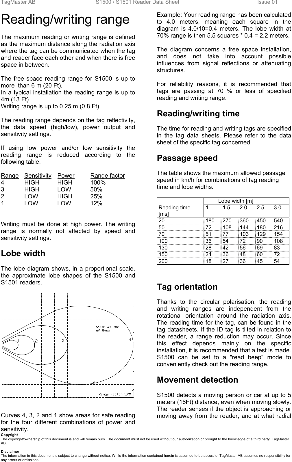 TagMaster AB  S1500 / S1501 Reader Data Sheet        Issue 01 Copyright The copyright/ownership of this document is and will remain ours. The document must not be used without our authorization or brought to the knowledge of a third party. TagMaster AB.  Disclaimer The information in this document is subject to change without notice. While the information contained herein is assumed to be accurate, TagMaster AB assumes no responsibility for any errors or omissions. Reading/writing range  The maximum reading or writing range is defined as the maximum distance along the radiation axis where the tag can be communicated when the tag and reader face each other and when there is free space in between.  The free space reading range for S1500 is up to more  than 6 m (20 Ft). In a typical installation the reading range is up to 4m (13 Ft) Writing range is up to 0.25 m (0.8 Ft)  The reading range depends on the tag reflectivity, the data speed (high/low), power output and sensitivity settings.   If using low power and/or low sensitivity the reading range is reduced according to the following table.  Range Sensitivity Power Range factor 4 HIGH HIGH 100% 3 HIGH LOW 50% 2 LOW HIGH 25% 1 LOW LOW 12%   Writing must be done at high power. The writing range is normally not affected by speed and sensitivity settings.  Lobe width  The lobe diagram shows, in a proportional scale, the approximate lobe shapes of the S1500 and S1501 readers.     Curves 4, 3, 2 and 1 show areas for safe reading for the four different combinations of power and sensitivity.  Example: Your reading range has been calculated to 4.0 meters, meaning each square in the diagram is 4.0/10=0.4 meters. The lobe width at 70% range is then 5.5 squares * 0.4 = 2.2 meters.  The diagram concerns a free space installation, and does not take into account possible influences from signal reflections or attenuating structures.  For reliability reasons, it is recommended that tags are passing at 70 % or less of specified reading and writing range.  Reading/writing time  The time for reading and writing tags are specified in the tag data sheets. Please refer to the data sheet of the specific tag concerned.  Passage speed  The table shows the maximum allowed passage speed in km/h for combinations of tag reading time and lobe widths.    Lobe width [m]         Reading time [ms] 1 1.5 2.0 2.5 3.0 20  180 270 360 450 540 50 72 108 144 180 216 70 51 77 103 129 154 100  36 54 72 90 108 130  28 42 56 69 83 150  24 36 48 60 72 200  18 27 36 45 54   Tag orientation  Thanks to the circular polarisation, the reading and writing ranges are independent from the rotational orientation around the radiation axis. The reading time for the tag, can be found in the tag datasheets. If the ID tag is tilted in relation to the reader, a range reduction may occur. Since this effect depends mainly on the specific installation, it is recommended that a test is made. S1500 can be set to a &quot;read beep&quot; mode to conveniently check out the reading range.  Movement detection   S1500 detects a moving person or car at up to 5 meters (16Ft) distance, even when moving slowly. The reader senses if the object is approaching or moving away from the reader, and at what radial 