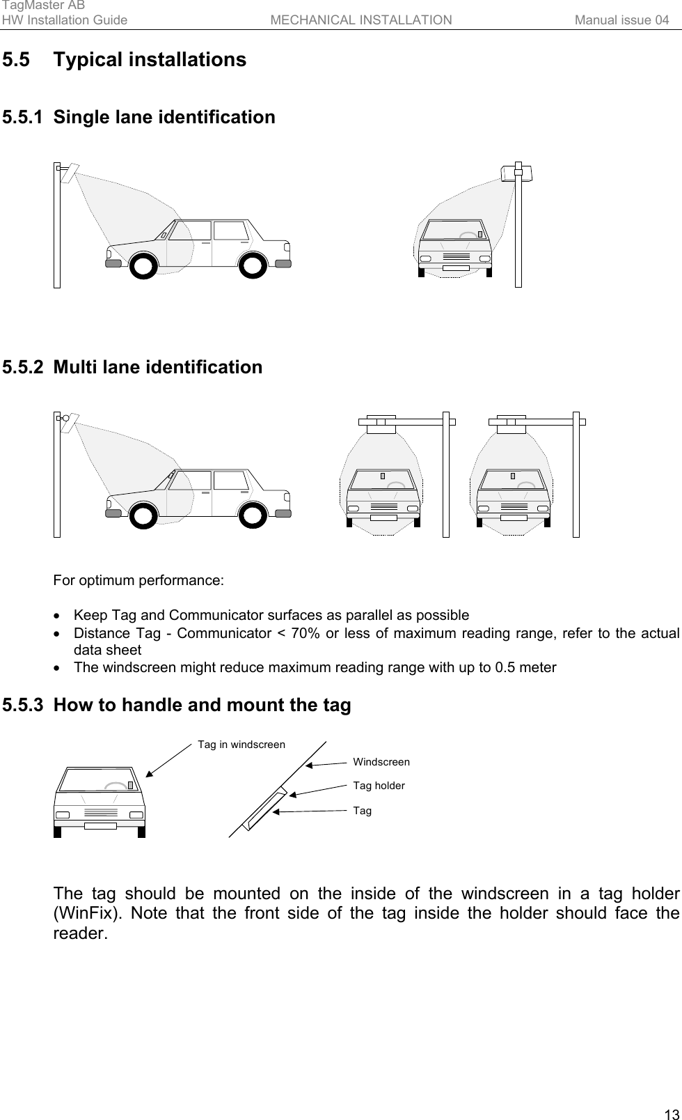 TagMaster AB     HW Installation Guide  MECHANICAL INSTALLATION  Manual issue 04  13 5.5 Typical installations 5.5.1  Single lane identification      5.5.2  Multi lane identification     For optimum performance:  •  Keep Tag and Communicator surfaces as parallel as possible •  Distance Tag - Communicator &lt; 70% or less of maximum reading range, refer to the actual data sheet •  The windscreen might reduce maximum reading range with up to 0.5 meter  5.5.3  How to handle and mount the tag  WindscreenTag holderTagTag in windscreen  The tag should be mounted on the inside of the windscreen in a tag holder (WinFix). Note that the front side of the tag inside the holder should face the reader.  