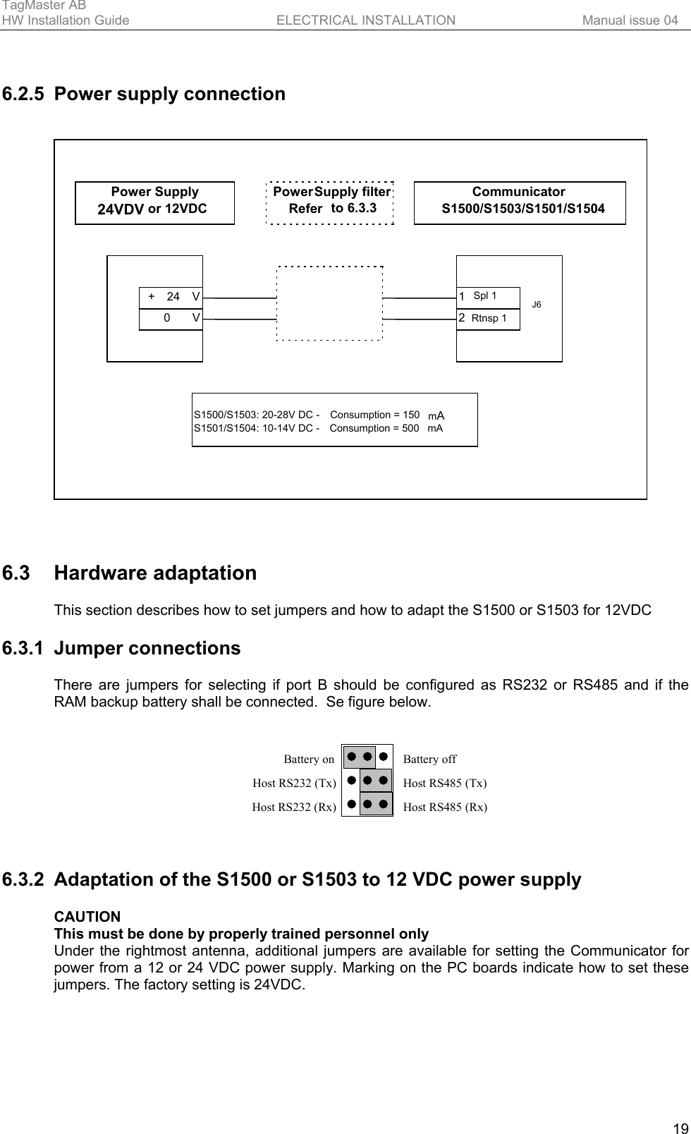 TagMaster AB     HW Installation Guide  ELECTRICAL INSTALLATION  Manual issue 04  19  6.2.5  Power supply connection     6.3 Hardware adaptation This section describes how to set jumpers and how to adapt the S1500 or S1503 for 12VDC  6.3.1 Jumper connections There are jumpers for selecting if port B should be configured as RS232 or RS485 and if the RAM backup battery shall be connected.  Se figure below.   Host RS232 (Tx)Host RS232 (Rx)Host RS485 (Tx)Host RS485 (Rx)Battery on Battery off   6.3.2  Adaptation of the S1500 or S1503 to 12 VDC power supply CAUTION This must be done by properly trained personnel only Under the rightmost antenna, additional jumpers are available for setting the Communicator for power from a 12 or 24 VDC power supply. Marking on the PC boards indicate how to set these jumpers. The factory setting is 24VDC. + 24 V 0 V  2  Rtnsp 11Spl 1J6 S1500/S1503: 20-28V DC -  Consumption = 150  mAS1501/S1504: 10-14V DC -  Consumption = 500  mAPower Supply 24VDV or 12VDC Power Supply  filterRefer  to 6.3.3Communicator S1500/S1503/S1501/S1504 