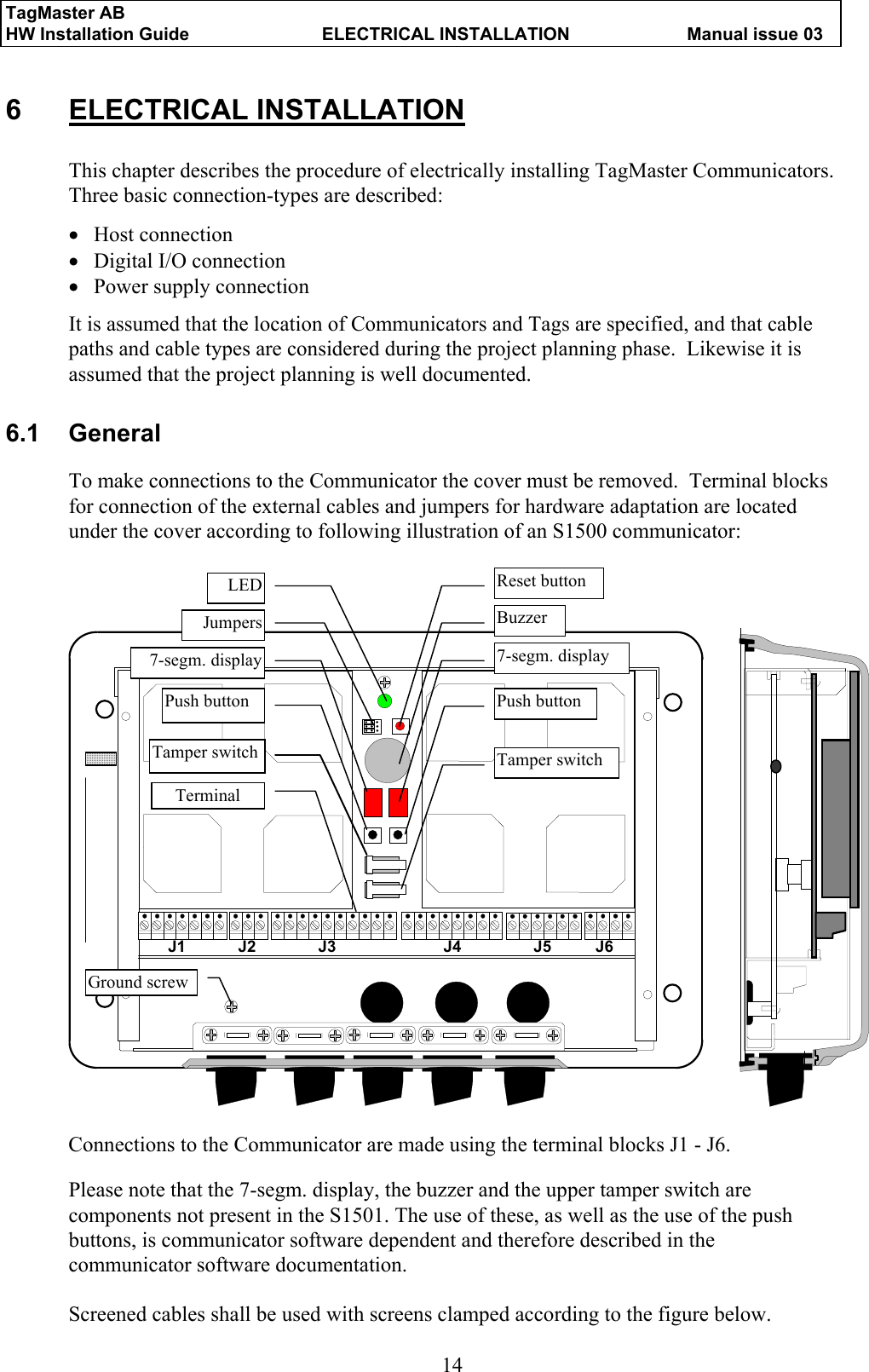 TagMaster AB     HW Installation Guide  ELECTRICAL INSTALLATION  Manual issue 03  14 6 ELECTRICAL INSTALLATION This chapter describes the procedure of electrically installing TagMaster Communicators. Three basic connection-types are described:  • Host connection • Digital I/O connection • Power supply connection  It is assumed that the location of Communicators and Tags are specified, and that cable paths and cable types are considered during the project planning phase.  Likewise it is assumed that the project planning is well documented. 6.1 General To make connections to the Communicator the cover must be removed.  Terminal blocks for connection of the external cables and jumpers for hardware adaptation are located under the cover according to following illustration of an S1500 communicator:  J1 J2 J3 J4 J5 J6Reset button7-segm. displayBuzzerPush buttonJumpersLEDTerminal7-segm. displayPush buttonTamper switchGround screwTamper switch  Connections to the Communicator are made using the terminal blocks J1 - J6.  Please note that the 7-segm. display, the buzzer and the upper tamper switch are components not present in the S1501. The use of these, as well as the use of the push buttons, is communicator software dependent and therefore described in the communicator software documentation.  Screened cables shall be used with screens clamped according to the figure below. 