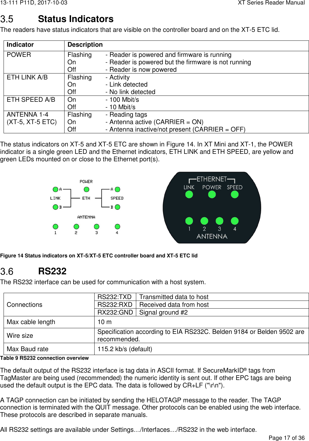 13-111 P11D, 2017-10-03  XT Series Reader Manual  Page 17 of 36   Status Indicators The readers have status indicators that are visible on the controller board and on the XT-5 ETC lid.  Indicator  Description POWER  Flashing   - Reader is powered and firmware is running On  - Reader is powered but the firmware is not running Off  - Reader is now powered ETH LINK A/B  Flashing  - Activity On  - Link detected Off - No link detected ETH SPEED A/B  On  - 100 Mbit/s Off - 10 Mbit/s ANTENNA 1-4 (XT-5, XT-5 ETC)  Flashing  - Reading tags On  - Antenna active (CARRIER = ON) Off - Antenna inactive/not present (CARRIER = OFF)  The status indicators on XT-5 and XT-5 ETC are shown in Figure 14. In XT Mini and XT-1, the POWER indicator is a single green LED and the Ethernet indicators, ETH LINK and ETH SPEED, are yellow and green LEDs mounted on or close to the Ethernet port(s).    Figure 14 Status indicators on XT-5/XT-5 ETC controller board and XT-5 ETC lid  RS232 The RS232 interface can be used for communication with a host system.  Connections RS232:TXD Transmitted data to host RS232:RXD Received data from host RX232:GND Signal ground #2 Max cable length  10 m Wire size  Specification according to EIA RS232C. Belden 9184 or Belden 9502 are recommended. Max Baud rate  115.2 kb/s (default) Table 9 RS232 connection overview The default output of the RS232 interface is tag data in ASCII format. If SecureMarkID® tags from TagMaster are being used (recommended) the numeric identity is sent out. If other EPC tags are being used the default output is the EPC data. The data is followed by CR+LF (&quot;\r\n&quot;).  A TAGP connection can be initiated by sending the HELOTAGP message to the reader. The TAGP connection is terminated with the QUIT message. Other protocols can be enabled using the web interface. These protocols are described in separate manuals.  All RS232 settings are available under Settings…/Interfaces…/RS232 in the web interface. 