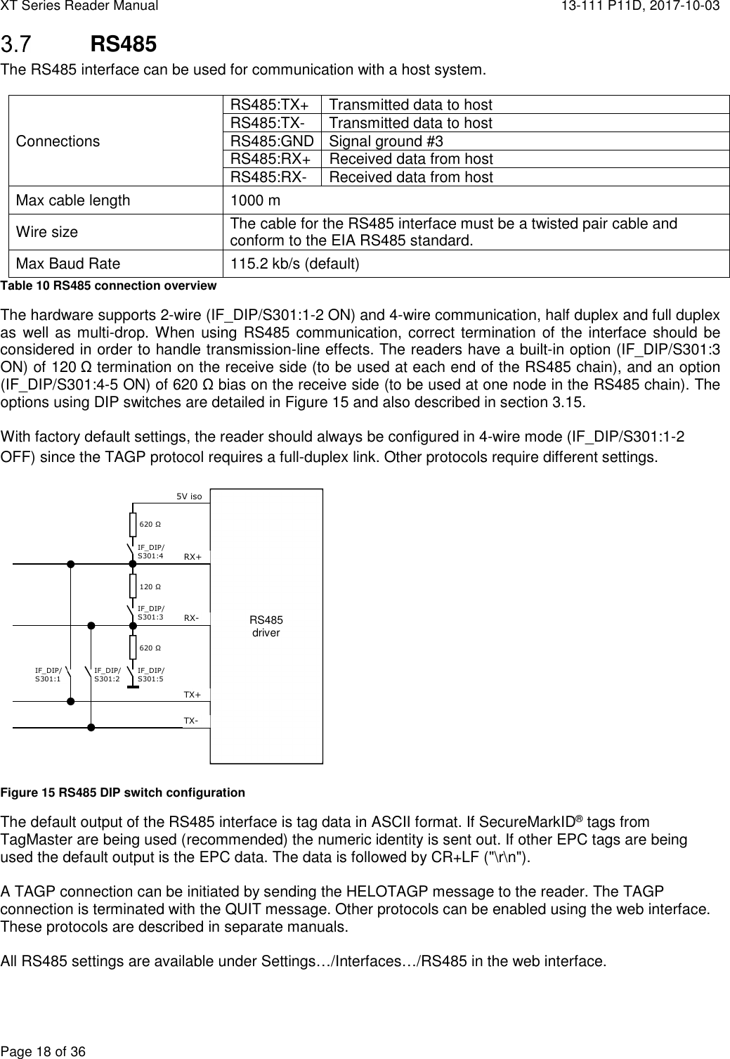 XT Series Reader Manual  13-111 P11D, 2017-10-03  Page 18 of 36  RS485 The RS485 interface can be used for communication with a host system.  Connections RS485:TX+ Transmitted data to host RS485:TX- Transmitted data to host RS485:GND Signal ground #3 RS485:RX+  Received data from host RS485:RX- Received data from host Max cable length  1000 m Wire size  The cable for the RS485 interface must be a twisted pair cable and conform to the EIA RS485 standard. Max Baud Rate  115.2 kb/s (default) Table 10 RS485 connection overview The hardware supports 2-wire (IF_DIP/S301:1-2 ON) and 4-wire communication, half duplex and full duplex as well as multi-drop. When using RS485 communication, correct termination of the interface should be considered in order to handle transmission-line effects. The readers have a built-in option (IF_DIP/S301:3 ON) of 120 Ω termination on the receive side (to be used at each end of the RS485 chain), and an option (IF_DIP/S301:4-5 ON) of 620 Ω bias on the receive side (to be used at one node in the RS485 chain). The options using DIP switches are detailed in Figure 15 and also described in section 3.15.  With factory default settings, the reader should always be configured in 4-wire mode (IF_DIP/S301:1-2 OFF) since the TAGP protocol requires a full-duplex link. Other protocols require different settings.  Figure 15 RS485 DIP switch configuration The default output of the RS485 interface is tag data in ASCII format. If SecureMarkID® tags from TagMaster are being used (recommended) the numeric identity is sent out. If other EPC tags are being used the default output is the EPC data. The data is followed by CR+LF (&quot;\r\n&quot;).  A TAGP connection can be initiated by sending the HELOTAGP message to the reader. The TAGP connection is terminated with the QUIT message. Other protocols can be enabled using the web interface. These protocols are described in separate manuals.  All RS485 settings are available under Settings…/Interfaces…/RS485 in the web interface. RS485  driver    RX+ RX- TX- TX+ IF_DIP/ S301:1 IF_DIP/S301:2 IF_DIP/ S301:5 IF_DIP/ S301:3 IF_DIP/ S301:4 5V iso 120 Ω 620 Ω 620 Ω 