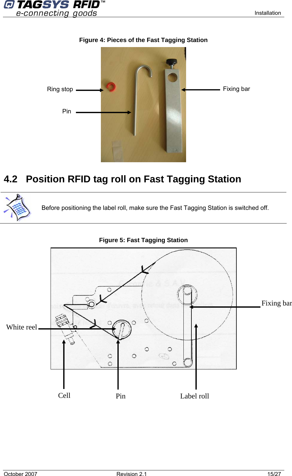   Installation  Figure 4: Pieces of the Fast Tagging Station   Pin Ring stop  Fixing bar 4.2  Position RFID tag roll on Fast Tagging Station  Before positioning the label roll, make sure the Fast Tagging Station is switched off.  Figure 5: Fast Tagging Station       White reel Cell  Label roll Pin Fixing bar October 2007  Revision 2.1  15/27 