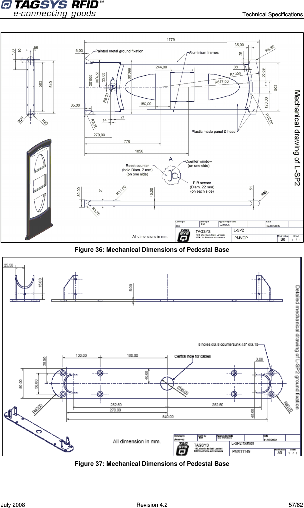      Technical Specifications July 2008  Revision 4.2  57/62 Figure 36: Mechanical Dimensions of Pedestal Base  Figure 37: Mechanical Dimensions of Pedestal Base  