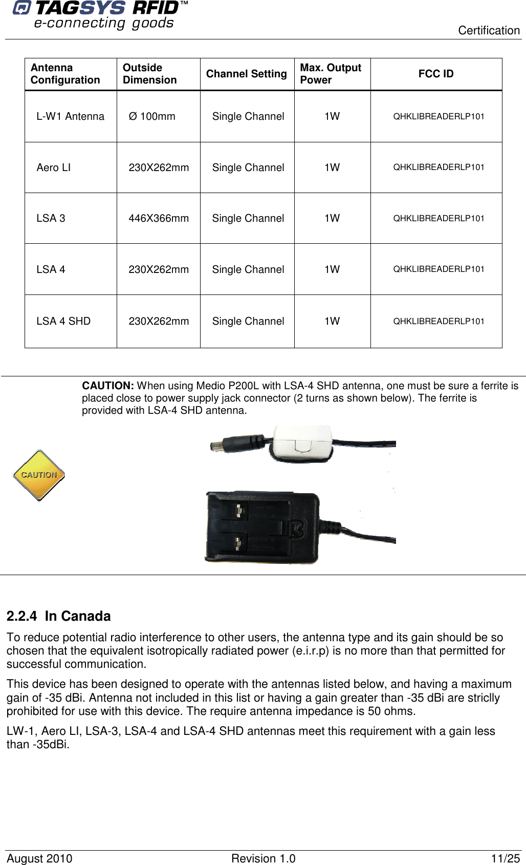  Certification August 2010  Revision 1.0  11/25 Antenna Configuration  Outside Dimension  Channel Setting  Max. Output Power  FCC ID L-W1 Antenna  Ø 100mm  Single Channel  1W QHKLIBREADERLP101 Aero LI  230X262mm  Single Channel  1W QHKLIBREADERLP101 LSA 3  446X366mm  Single Channel  1W QHKLIBREADERLP101 LSA 4  230X262mm  Single Channel  1W QHKLIBREADERLP101 LSA 4 SHD  230X262mm  Single Channel  1W QHKLIBREADERLP101   2.2.4  In Canada To reduce potential radio interference to other users, the antenna type and its gain should be so chosen that the equivalent isotropically radiated power (e.i.r.p) is no more than that permitted for successful communication. This device has been designed to operate with the antennas listed below, and having a maximum gain of -35 dBi. Antenna not included in this list or having a gain greater than -35 dBi are striclly prohibited for use with this device. The require antenna impedance is 50 ohms. LW-1, Aero LI, LSA-3, LSA-4 and LSA-4 SHD antennas meet this requirement with a gain less than -35dBi.  CAUTION: When using Medio P200L with LSA-4 SHD antenna, one must be sure a ferrite is placed close to power supply jack connector (2 turns as shown below). The ferrite is provided with LSA-4 SHD antenna.  