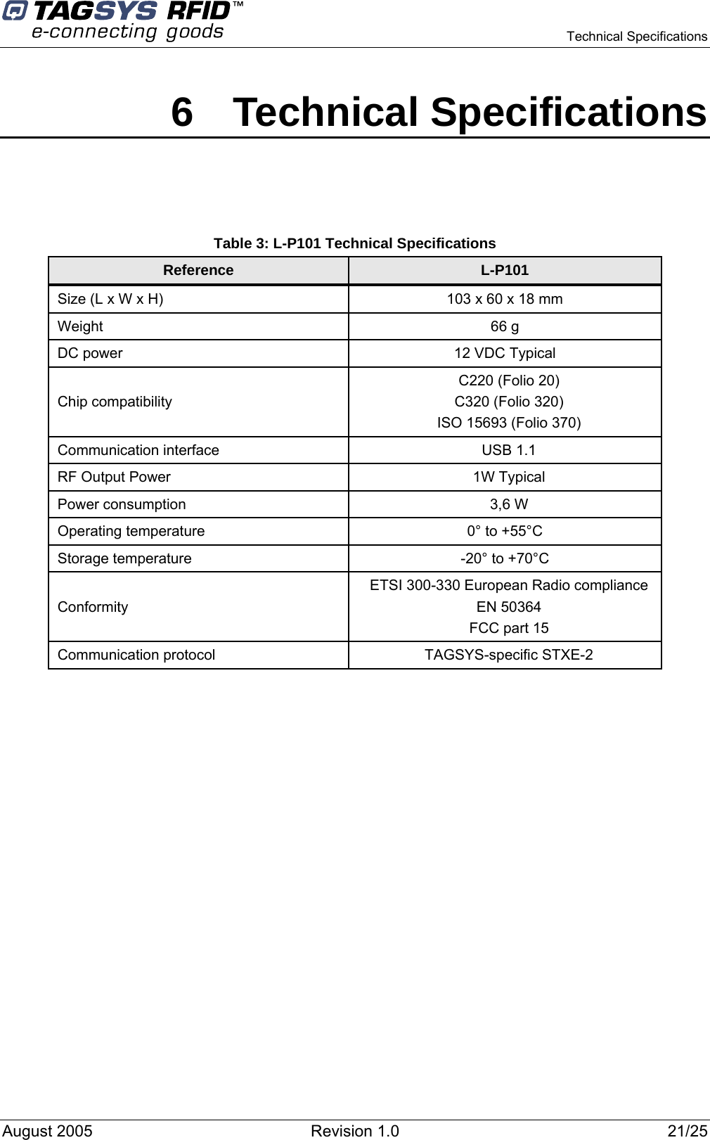    Technical Specifications    6 Technical Specifications   Table 3: L-P101 Technical Specifications Reference  L-P101 Size (L x W x H)  103 x 60 x 18 mm Weight 66 g DC power  12 VDC Typical Chip compatibility C220 (Folio 20) C320 (Folio 320) ISO 15693 (Folio 370) Communication interface  USB 1.1  RF Output Power  1W Typical Power consumption   3,6 W Operating temperature  0° to +55°C Storage temperature  -20° to +70°C Conformity ETSI 300-330 European Radio compliance EN 50364 FCC part 15 Communication protocol  TAGSYS-specific STXE-2   August 2005  Revision 1.0  21/25   