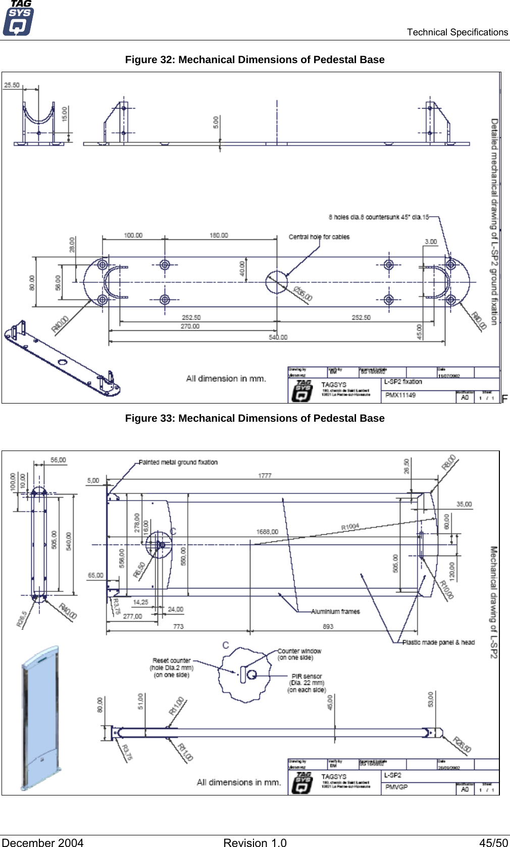   Technical Specifications Figure 32: Mechanical Dimensions of Pedestal Base F Figure 33: Mechanical Dimensions of Pedestal Base   December 2004  Revision 1.0  45/50 