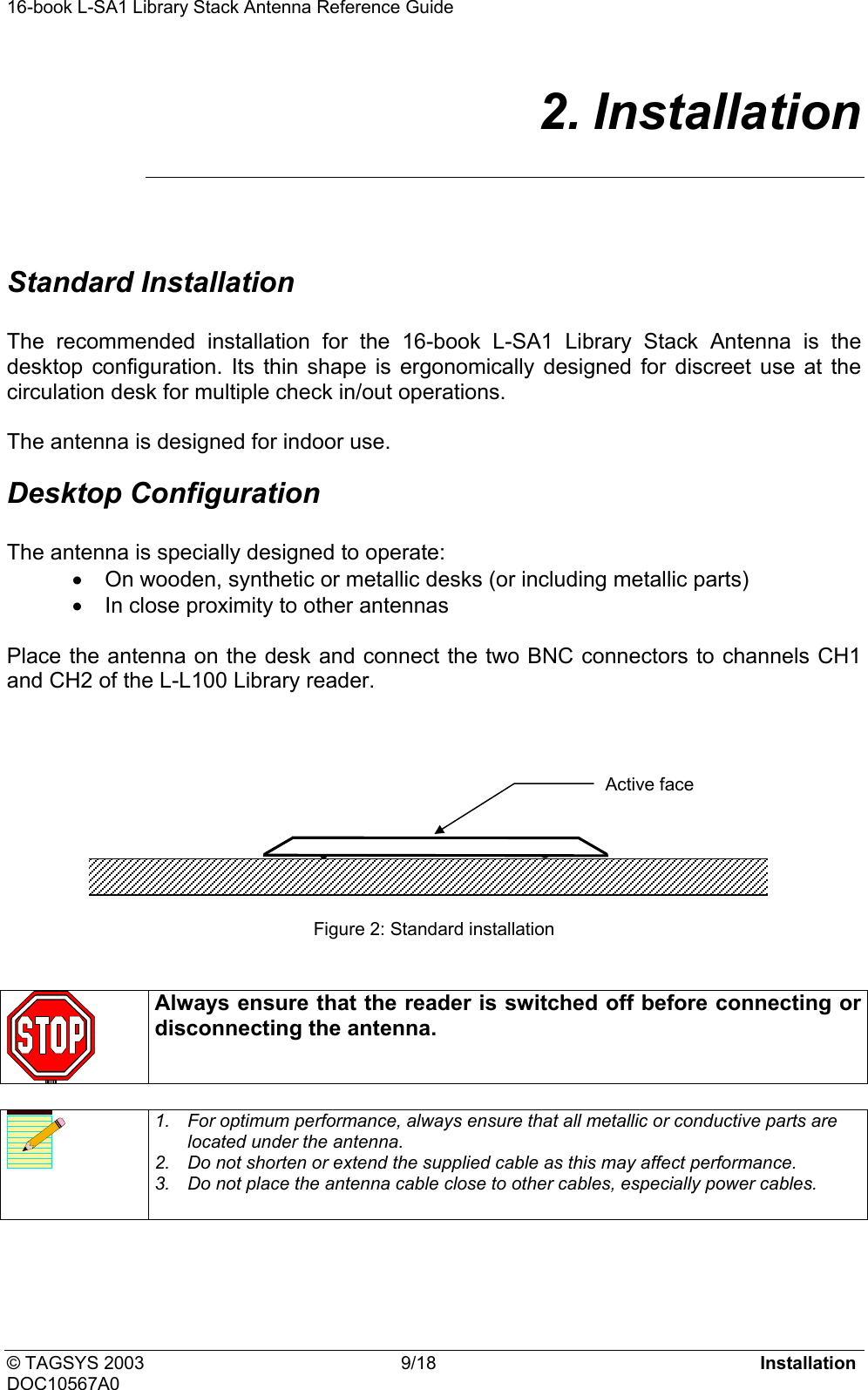 16-book L-SA1 Library Stack Antenna Reference Guide     2. Installation  Standard Installation  The recommended installation for the 16-book L-SA1 Library Stack Antenna is the desktop configuration. Its thin shape is ergonomically designed for discreet use at the circulation desk for multiple check in/out operations.  The antenna is designed for indoor use. Desktop Configuration  The antenna is specially designed to operate: •  On wooden, synthetic or metallic desks (or including metallic parts) •  In close proximity to other antennas  Place the antenna on the desk and connect the two BNC connectors to channels CH1 and CH2 of the L-L100 Library reader.     Active face      Figure 2: Standard installation    Always ensure that the reader is switched off before connecting or disconnecting the antenna.    1.  For optimum performance, always ensure that all metallic or conductive parts are located under the antenna. 2.  Do not shorten or extend the supplied cable as this may affect performance. 3.  Do not place the antenna cable close to other cables, especially power cables.    © TAGSYS 2003  9/18  Installation DOC10567A0 