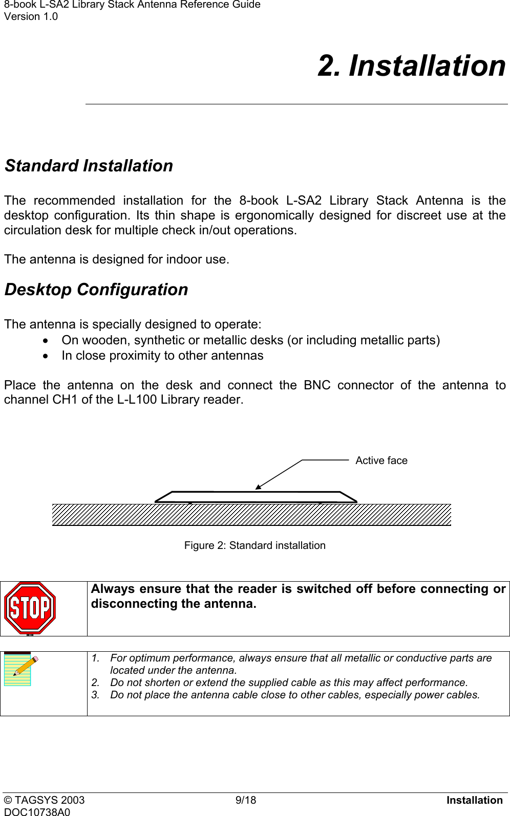 8-book L-SA2 Library Stack Antenna Reference Guide    Version 1.0 2. Installation  Standard Installation  The recommended installation for the 8-book L-SA2 Library Stack Antenna is the desktop configuration. Its thin shape is ergonomically designed for discreet use at the circulation desk for multiple check in/out operations.  The antenna is designed for indoor use. Desktop Configuration  The antenna is specially designed to operate: •  On wooden, synthetic or metallic desks (or including metallic parts) •  In close proximity to other antennas  Place the antenna on the desk and connect the BNC connector of the antenna to channel CH1 of the L-L100 Library reader.     Active face      Figure 2: Standard installation    Always ensure that the reader is switched off before connecting or disconnecting the antenna.    1.  For optimum performance, always ensure that all metallic or conductive parts are located under the antenna. 2.  Do not shorten or extend the supplied cable as this may affect performance. 3.  Do not place the antenna cable close to other cables, especially power cables.    © TAGSYS 2003  9/18  Installation DOC10738A0 