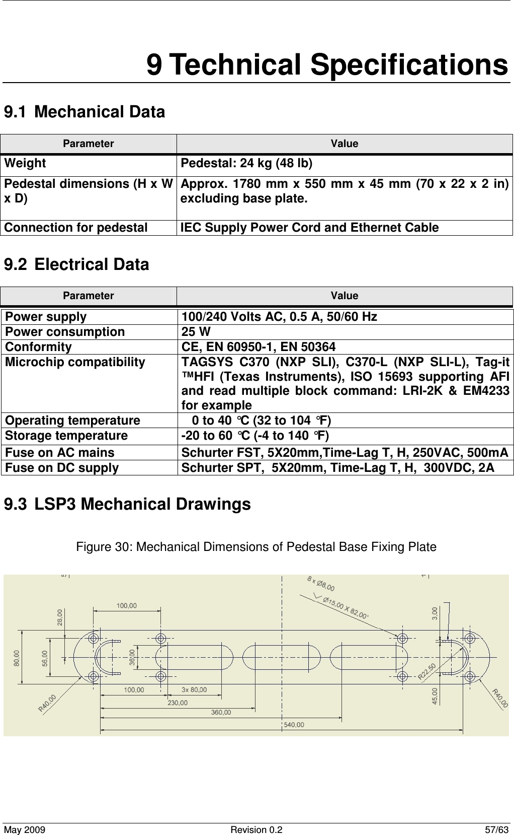  May 2009  Revision 0.2  57/63 9 Technical Specifications 9.1  Mechanical Data Parameter  Value  9.2  Electrical Data Parameter  Value 9.3  LSP3 Mechanical Drawings  Figure 30: Mechanical Dimensions of Pedestal Base Fixing Plate   Weight  Pedestal: 24 kg (48 lb) Pedestal dimensions (H x W x D)  Approx.  1780  mm x  550 mm x 45 mm (70  x 22 x  2 in) excluding base plate.  Connection for pedestal  IEC Supply Power Cord and Ethernet Cable Power supply   100/240 Volts AC, 0.5 A, 50/60 Hz Power consumption  25 W Conformity  CE, EN 60950-1, EN 50364 Microchip compatibility  TAGSYS  C370  (NXP  SLI),  C370-L  (NXP  SLI-L),  Tag-it ™HFI  (Texas  Instruments),  ISO  15693  supporting  AFI and  read  multiple  block  command:  LRI-2K  &amp;  EM4233 for example Operating temperature     0 to 40 °C (32 to 104 °F) Storage temperature  -20 to 60 °C (-4 to 140 °F) Fuse on AC mains  Schurter FST, 5X20mm,Time-Lag T, H, 250VAC, 500mA Fuse on DC supply   Schurter SPT,  5X20mm, Time-Lag T, H,  300VDC, 2A 