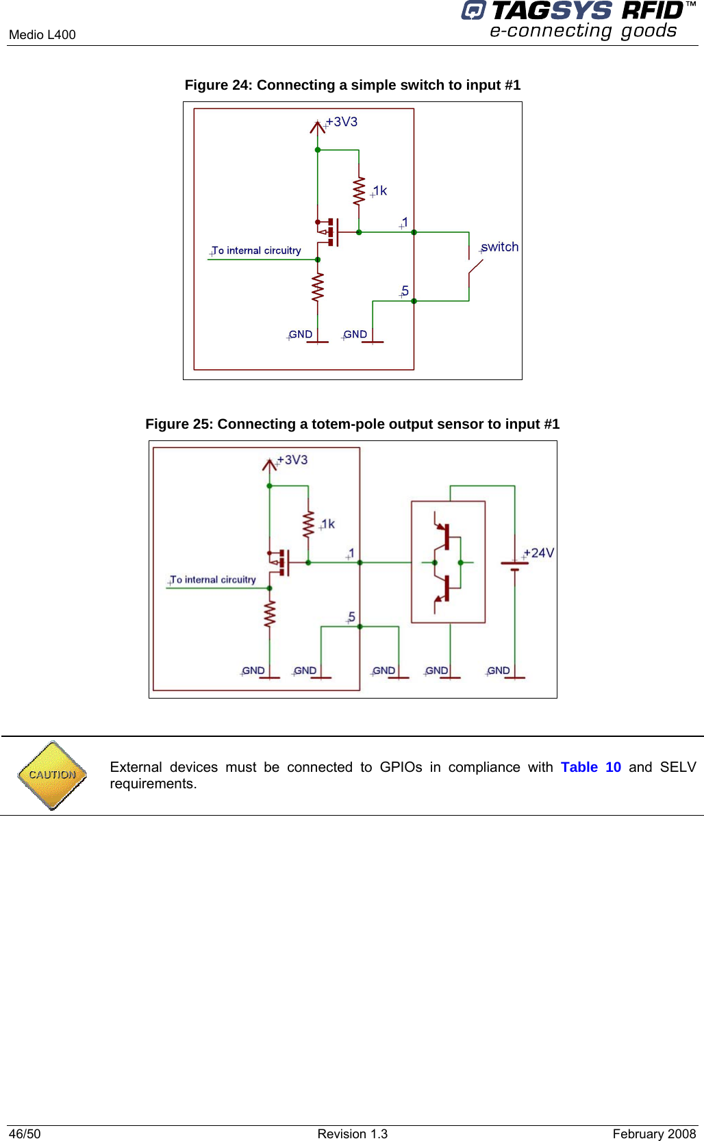  Medio L400     46/50  Revision 1.3  February 2008  Figure 24: Connecting a simple switch to input #1   Figure 25: Connecting a totem-pole output sensor to input #1    External devices must be connected to GPIOs in compliance with Table 10 and SELV requirements. 