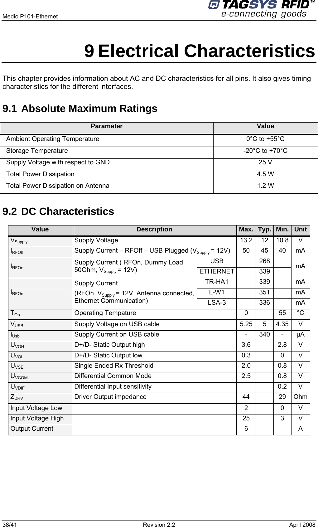   Medio P101-Ethernet 38/41  Revision 2.2  April 2008 9 Electrical Characteristics This chapter provides information about AC and DC characteristics for all pins. It also gives timing characteristics for the different interfaces. 9.1 Absolute Maximum Ratings Parameter  Value Ambient Operating Temperature   0°C to +55°C Storage Temperature  -20°C to +70°C Supply Voltage with respect to GND  25 V Total Power Dissipation   4.5 W Total Power Dissipation on Antenna  1.2 W  9.2 DC Characteristics Value  Description  Max.  Typ.  Min. UnitVSupply  Supply Voltage  13.2  12  10.8 V IRFOff  Supply Current – RFOff – USB Plugged (VSupply = 12V)  50  45  40  mA USB  268  IRFOn Supply Current ( RFOn, Dummy Load 50Ohm, VSupply = 12V)  ETHERNET  339  mA TR-HA1     339    mA L-W1  351  mA IRFOn Supply Current  (RFOn, VSupply = 12V, Antenna connected, Ethernet Communication)  LSA-3  336  mA TOp  Operating Tempature  0    55  °C VUSB  Supply Voltage on USB cable  5.25  5  4.35 V IUsb  Supply Current on USB cable  -  340  -  µA UVOH  D+/D- Static Output high  3.6    2.8  V UVOL  D+/D- Static Output low  0.3    0  V UVSE  Single Ended Rx Threshold  2.0    0.8  V UVCOM  Differential Common Mode  2.5    0.8  V UVDIF  Differential Input sensitivity      0.2  V ZDRV  Driver Output impedance  44    29  OhmInput Voltage Low    2    0  V Input Voltage High  25  3 V Output Current  6   A   