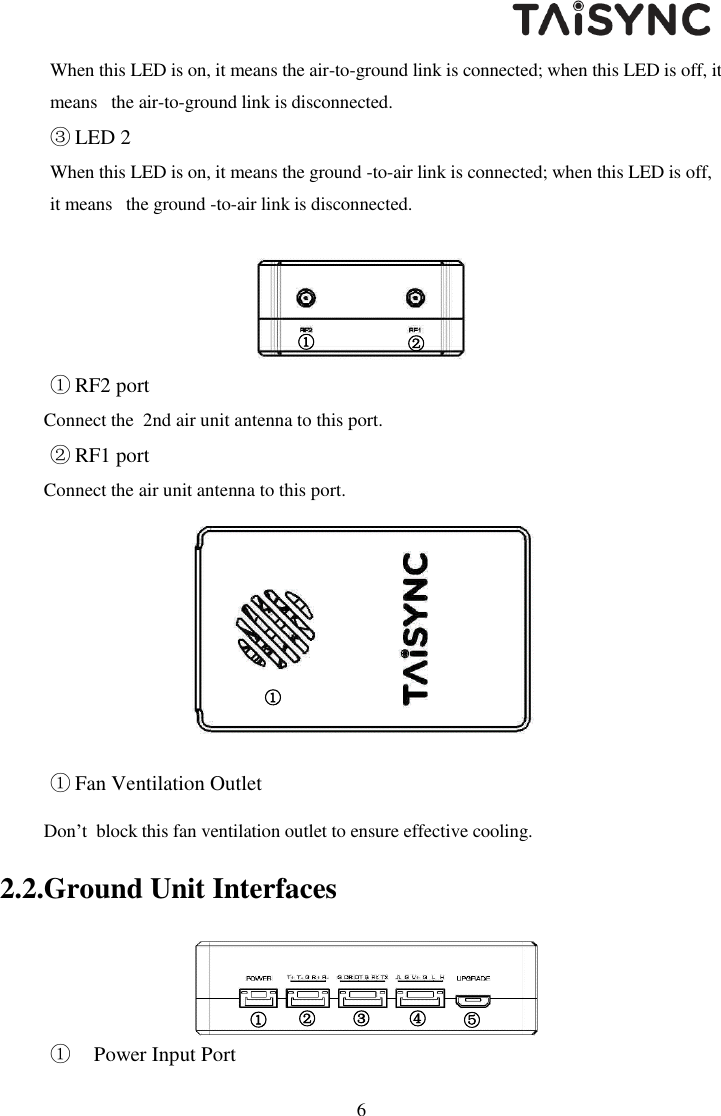   6 When this LED is on, it means the air-to-ground link is connected; when this LED is off, it means   the air-to-ground link is disconnected. ③ LED 2 When this LED is on, it means the ground -to-air link is connected; when this LED is off, it means   the ground -to-air link is disconnected.   ① RF2 port Connect the  2nd air unit antenna to this port. ② RF1 port Connect the air unit antenna to this port.   ① Fan Ventilation Outlet Don&rsquo;t  block this fan ventilation outlet to ensure effective cooling.  2.2.Ground Unit Interfaces   ① Power Input Port ②  ①  ①   ①  ② ③ ④ ⑤ 