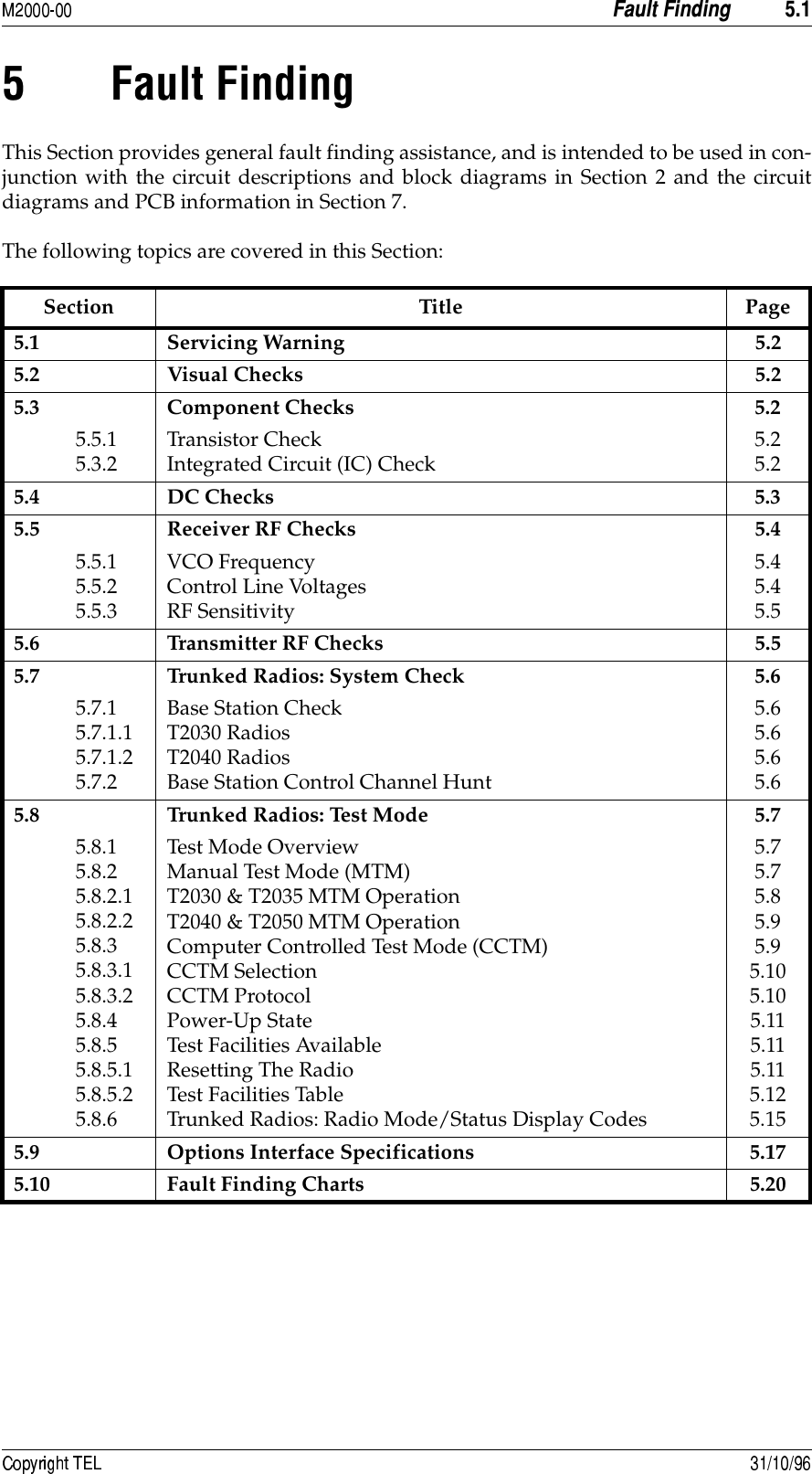  +8 This Section provides general fault finding assistance, and is intended to be used in con-junction with the circuit descriptions and block diagrams in Section 2 and the circuitdiagrams and PCB information in Section 7.The following topics are covered in this Section:Section Title Page5.1 Servicing Warning 5.25.2 Visual Checks 5.25.3 Component Checks 5.25.5.15.3.2 Transistor CheckIntegrated Circuit (IC) Check 5.25.25.4 DC Checks 5.35.5 Receiver RF Checks 5.45.5.15.5.25.5.3VCO FrequencyControl Line VoltagesRF Sensitivity5.45.45.55.6 Transmitter RF Checks 5.55.7 Trunked Radios: System Check 5.65.7.15.7.1.15.7.1.25.7.2Base Station CheckT2030 RadiosT2040 RadiosBase Station Control Channel Hunt5.65.65.65.65.8 Trunked Radios: Test Mode 5.75.8.15.8.25.8.2.15.8.2.25.8.35.8.3.15.8.3.25.8.45.8.55.8.5.15.8.5.25.8.6Test Mode OverviewManual Test Mode (MTM)T2030 &amp; T2035 MTM OperationT2040 &amp; T2050 MTM OperationComputer Controlled Test Mode (CCTM)CCTM SelectionCCTM ProtocolPower-Up StateTest Facilities AvailableResetting The RadioTest Facilities TableTrunked Radios: Radio Mode/Status Display Codes5.75.75.85.95.95.105.105.115.115.115.125.155.9 Options Interface Specifications 5.175.10 Fault Finding Charts 5.20