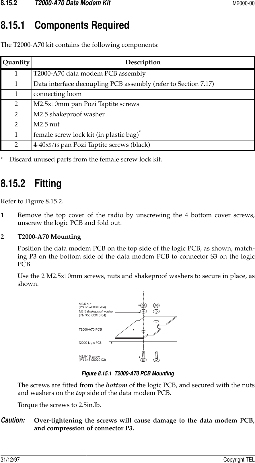8.15.2T2000-A70 Data Modem KitM2000-0031/12/97 Copyright TEL8.15.1 Components Required The T2000-A70 kit contains the following components:8.15.2 Fitting Refer to Figure 8.15.2.1Remove the top cover of the radio by unscrewing the 4 bottom cover screws,unscrew the logic PCB and fold out.2 T2000-A70 MountingPosition the data modem PCB on the top side of the logic PCB, as shown, match-ing P3 on the bottom side of the data modem PCB to connector S3 on the logicPCB.Use the 2 M2.5x10mm screws, nuts and shakeproof washers to secure in place, asshown.Figure 8.15.1  T2000-A70 PCB MountingThe screws are fitted from the bottom of the logic PCB, and secured with the nutsand washers on the top side of the data modem PCB.Torque the screws to 2.5in.lb.Caution:Over-tightening the screws will cause damage to the data modem PCB,and compression of connector P3.* Discard unused parts from the female screw lock kit.Quantity Description1 T2000-A70 data modem PCB assembly1 Data interface decoupling PCB assembly (refer to Section 7.17)1 connecting loom2 M2.5x10mm pan Pozi Taptite screws2 M2.5 shakeproof washer2M2.5 nut1 female screw lock kit (in plastic bag)*24-40x5/16 pan Pozi Taptite screws (black)