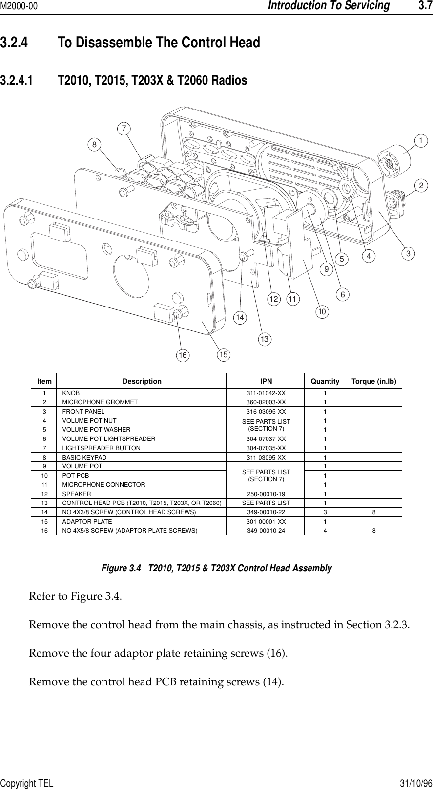 M2000-00Introduction To Servicing3.7Copyright TEL 31/10/963.2.4 To Disassemble The Control Head3.2.4.1 T2010, T2015, T203X &amp; T2060 Radios Figure 3.4   T2010, T2015 &amp; T203X Control Head AssemblyRefer to Figure 3.4.Remove the control head from the main chassis, as instructed in Section 3.2.3.Remove the four adaptor plate retaining screws (16).Remove the control head PCB retaining screws (14).Item Description IPN Quantity Torque (in.lb)1 KNOB 311-01042-XX 12 MICROPHONE GROMMET 360-02003-XX 13 FRONT PANEL 316-03095-XX 14 VOLUME POT NUT SEE PARTS LIST(SECTION 7)15 VOLUME POT WASHER 16 VOLUME POT LIGHTSPREADER 304-07037-XX 17 LIGHTSPREADER BUTTON 304-07035-XX 18 BASIC KEYPAD 311-03095-XX 19VOLUME POT SEE PARTS LIST(SECTION 7)110 POT PCB 111 MICROPHONE CONNECTOR 112 SPEAKER 250-00010-19 113 CONTROL HEAD PCB (T2010, T2015, T203X, OR T2060) SEE PARTS LIST 114 NO 4X3/8 SCREW (CONTROL HEAD SCREWS) 349-00010-22 3 815 ADAPTOR PLATE 301-00001-XX 116 NO 4X5/8 SCREW (ADAPTOR PLATE SCREWS) 349-00010-24 4 878245691210131411151631