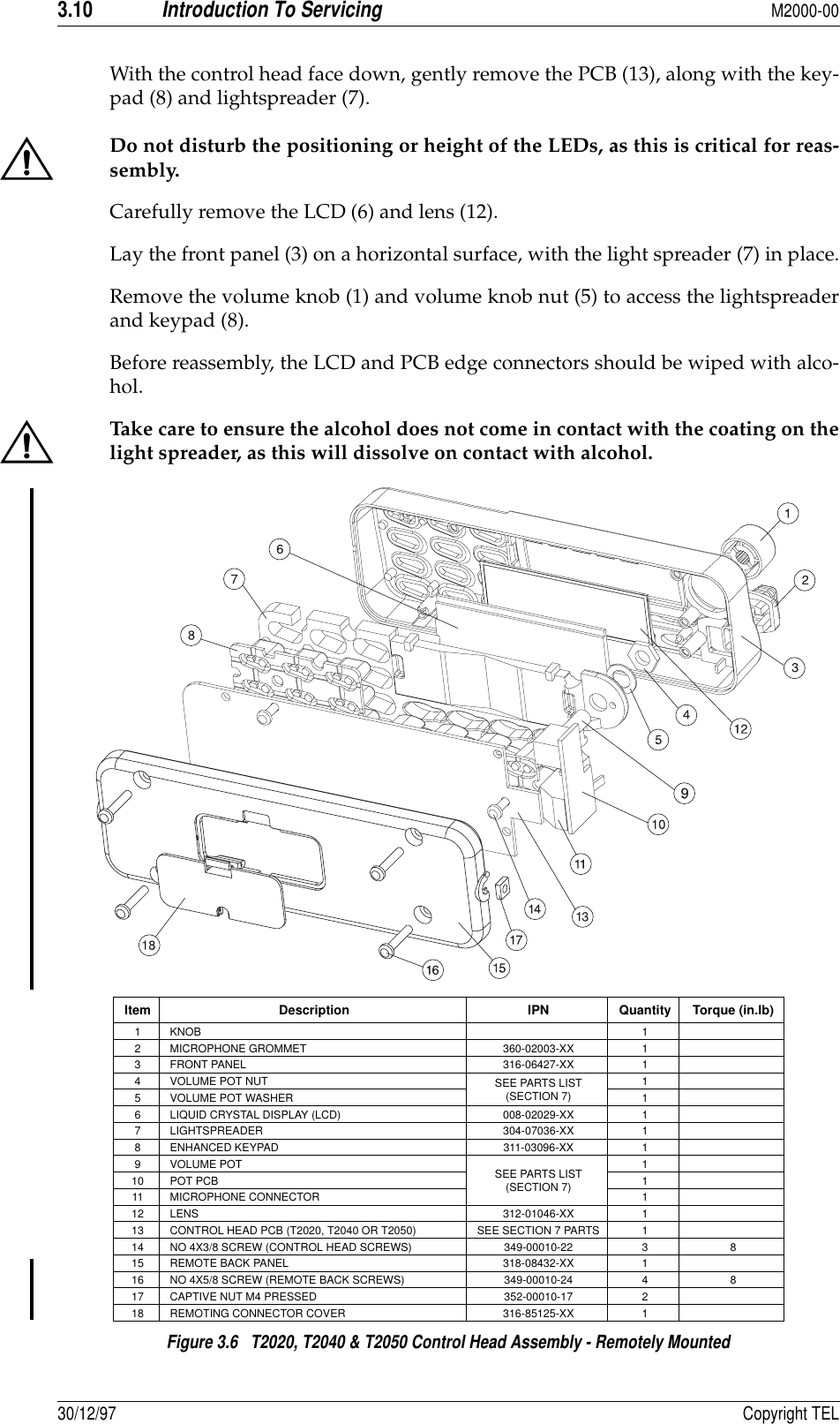 3.10Introduction To ServicingM2000-0030/12/97 Copyright TELWith the control head face down, gently remove the PCB (13), along with the key-pad (8) and lightspreader (7).Do not disturb the positioning or height of the LEDs, as this is critical for reas-sembly.Carefully remove the LCD (6) and lens (12).Lay the front panel (3) on a horizontal surface, with the light spreader (7) in place.Remove the volume knob (1) and volume knob nut (5) to access the lightspreaderand keypad (8).Before reassembly, the LCD and PCB edge connectors should be wiped with alco-hol.Take care to ensure the alcohol does not come in contact with the coating on thelight spreader, as this will dissolve on contact with alcohol.Figure 3.6   T2020, T2040 &amp; T2050 Control Head Assembly - Remotely Mounted Item Description IPN Quantity Torque (in.lb)1KNOB 12 MICROPHONE GROMMET 360-02003-XX 13 FRONT PANEL 316-06427-XX 14 VOLUME POT NUT SEE PARTS LIST(SECTION 7)15 VOLUME POT WASHER 16 LIQUID CRYSTAL DISPLAY (LCD) 008-02029-XX 17 LIGHTSPREADER 304-07036-XX 18 ENHANCED KEYPAD 311-03096-XX 19 VOLUME POT SEE PARTS LIST(SECTION 7)110 POT PCB 111 MICROPHONE CONNECTOR 112 LENS 312-01046-XX 113 CONTROL HEAD PCB (T2020, T2040 OR T2050) SEE SECTION 7 PARTS 114 NO 4X3/8 SCREW (CONTROL HEAD SCREWS) 349-00010-22 3 815 REMOTE BACK PANEL 318-08432-XX 116 NO 4X5/8 SCREW (REMOTE BACK SCREWS) 349-00010-24 4 817 CAPTIVE NUT M4 PRESSED 352-00010-17 218 REMOTING CONNECTOR COVER 316-85125-XX 1