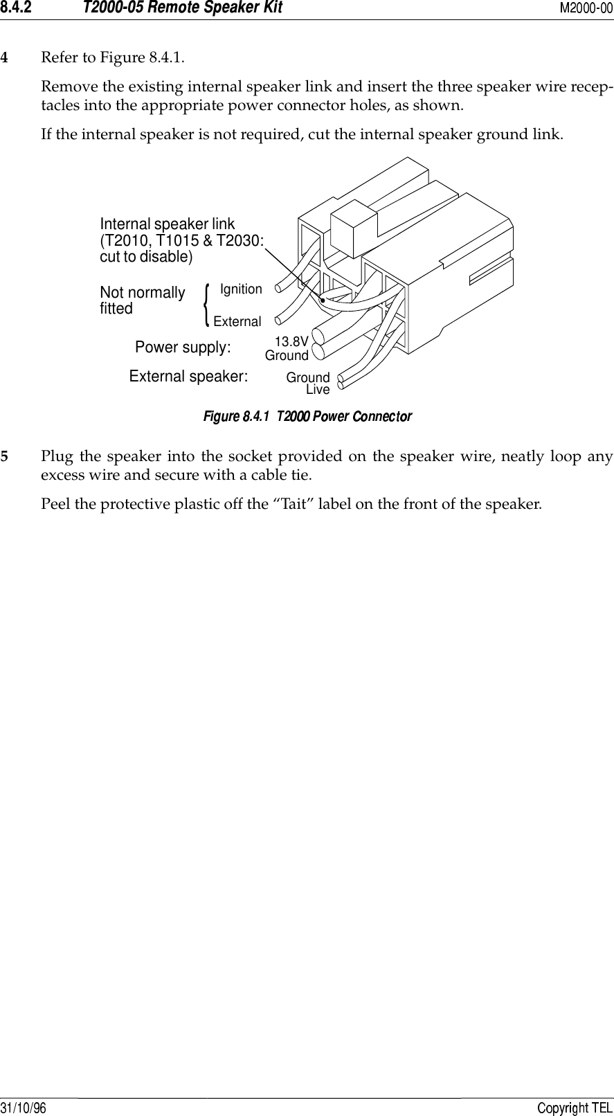  &amp;&apos;()4Refer to Figure 8.4.1.Remove the existing internal speaker link and insert the three speaker wire recep-tacles into the appropriate power connector holes, as shown.If the internal speaker is not required, cut the internal speaker ground link.5Plug the speaker into the socket provided on the speaker wire, neatly loop anyexcess wire and secure with a cable tie.Peel the protective plastic off the “Tait” label on the front of the speaker.Internal speaker link(T2010, T1015 &amp; T2030:cut to disable)IgnitionExternalPower supply:13.8VGroundExternal speaker:GroundLive{Not normallyfitted