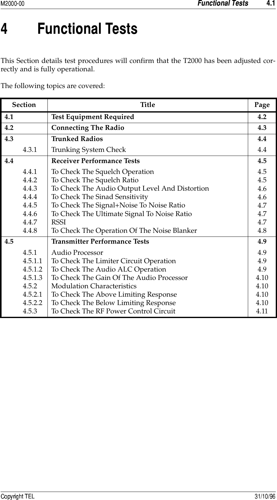  &quot;8&quot; 3#This Section details test procedures will confirm that the T2000 has been adjusted cor-rectly and is fully operational.The following topics are covered:Section Title Page4.1 Test Equipment Required 4.24.2 Connecting The Radio 4.34.3 Trunked Radios 4.44.3.1 Trunking System Check 4.44.4 Receiver Performance Tests 4.54.4.14.4.24.4.34.4.44.4.54.4.64.4.74.4.8To Check The Squelch OperationTo Check The Squelch RatioTo Check The Audio Output Level And DistortionTo Check The Sinad SensitivityTo Check The Signal+Noise To Noise RatioTo Check The Ultimate Signal To Noise RatioRSSITo Check The Operation Of The Noise Blanker4.54.54.64.64.74.74.74.84.5 Transmitter Performance Tests 4.94.5.14.5.1.14.5.1.24.5.1.34.5.24.5.2.14.5.2.24.5.3Audio ProcessorTo Check The Limiter Circuit OperationTo Check The Audio ALC OperationTo Check The Gain Of The Audio ProcessorModulation CharacteristicsTo Check The Above Limiting ResponseTo Check The Below Limiting ResponseTo Check The RF Power Control Circuit4.94.94.94.104.104.104.104.11