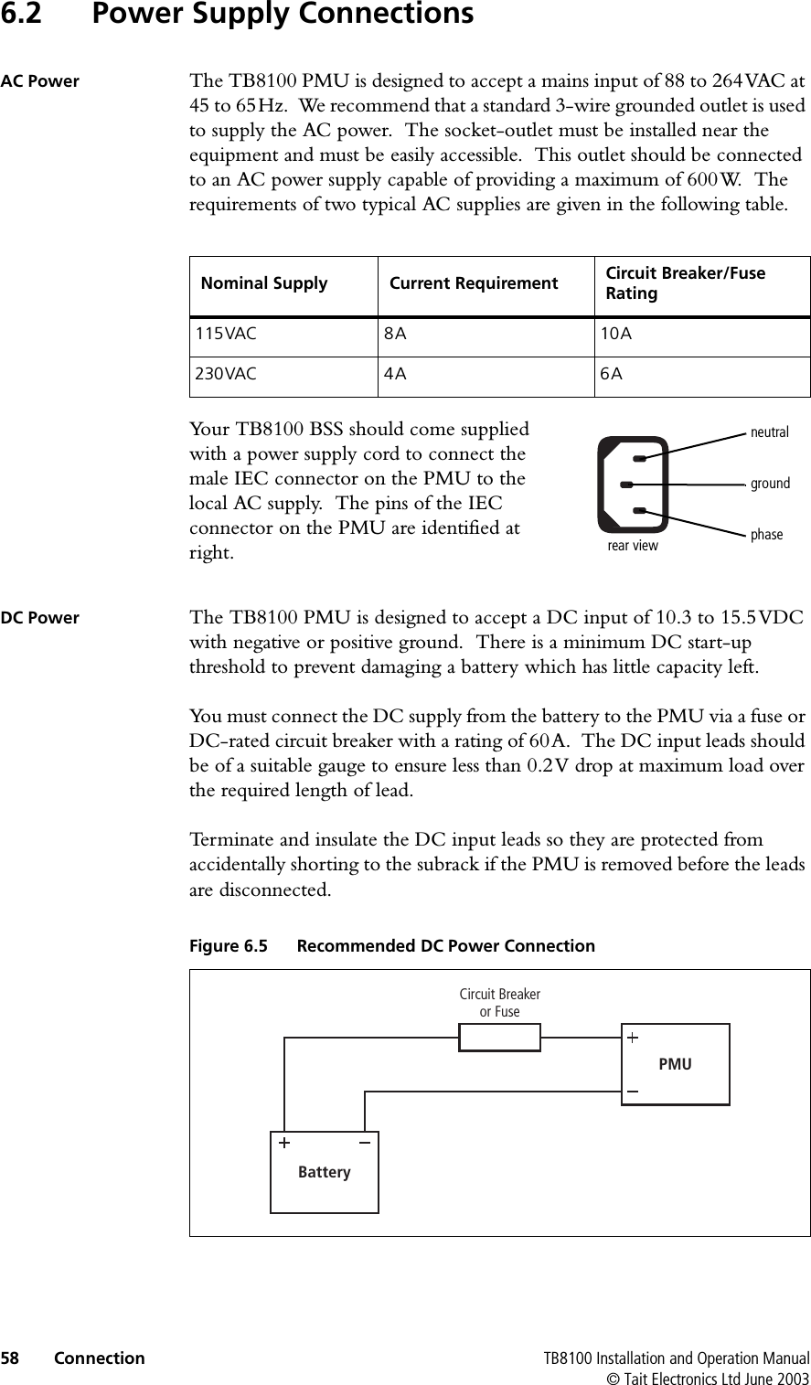  58 Connection TB8100 Installation and Operation Manual© Tait Electronics Ltd June 20036.2 Power Supply ConnectionsAC Power The TB8100 PMU is designed to accept a mains input of 88 to 264VAC at 45 to 65Hz.  We recommend that a standard 3-wire grounded outlet is used to supply the AC power.  The socket-outlet must be installed near the equipment and must be easily accessible.  This outlet should be connected to an AC power supply capable of providing a maximum of 600W.  The requirements of two typical AC supplies are given in the following table.Your TB8100 BSS should come supplied with a power supply cord to connect the male IEC connector on the PMU to the local AC supply.  The pins of the IEC connector on the PMU are identified at right.DC Power The TB8100 PMU is designed to accept a DC input of 10.3 to 15.5VDC with negative or positive ground.  There is a minimum DC start-up threshold to prevent damaging a battery which has little capacity left.You must connect the DC supply from the battery to the PMU via a fuse or DC-rated circuit breaker with a rating of 60A.  The DC input leads should be of a suitable gauge to ensure less than 0.2V drop at maximum load over the required length of lead.  Terminate and insulate the DC input leads so they are protected from accidentally shorting to the subrack if the PMU is removed before the leads are disconnected.Nominal Supply Current Requirement Circuit Breaker/Fuse Rating115VAC 8A 10A230VAC 4A 6Aphaseneutralgroundrear viewFigure 6.5 Recommended DC Power ConnectionBatteryPMUCircuit Breakeror Fuse